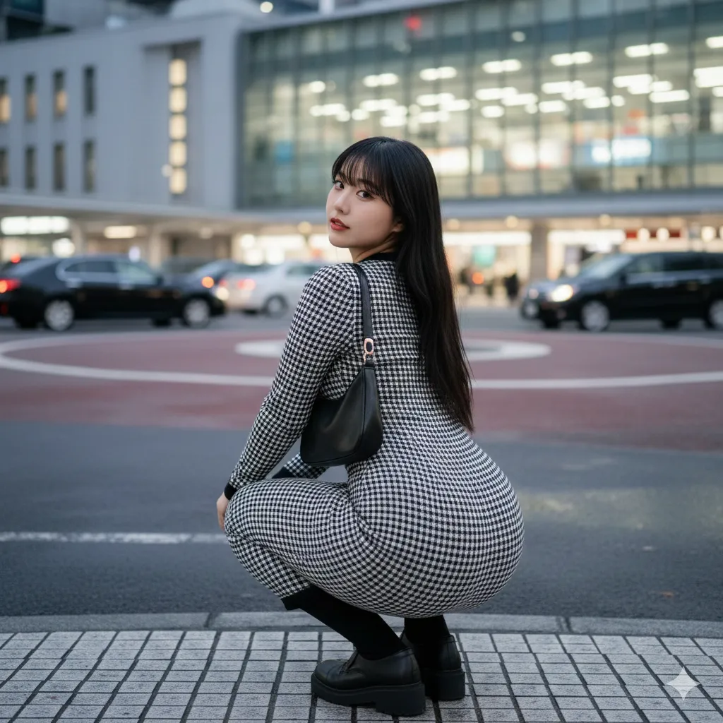 ワンピ生地の張りがヒップの形状を際立てるスクワット美女 032