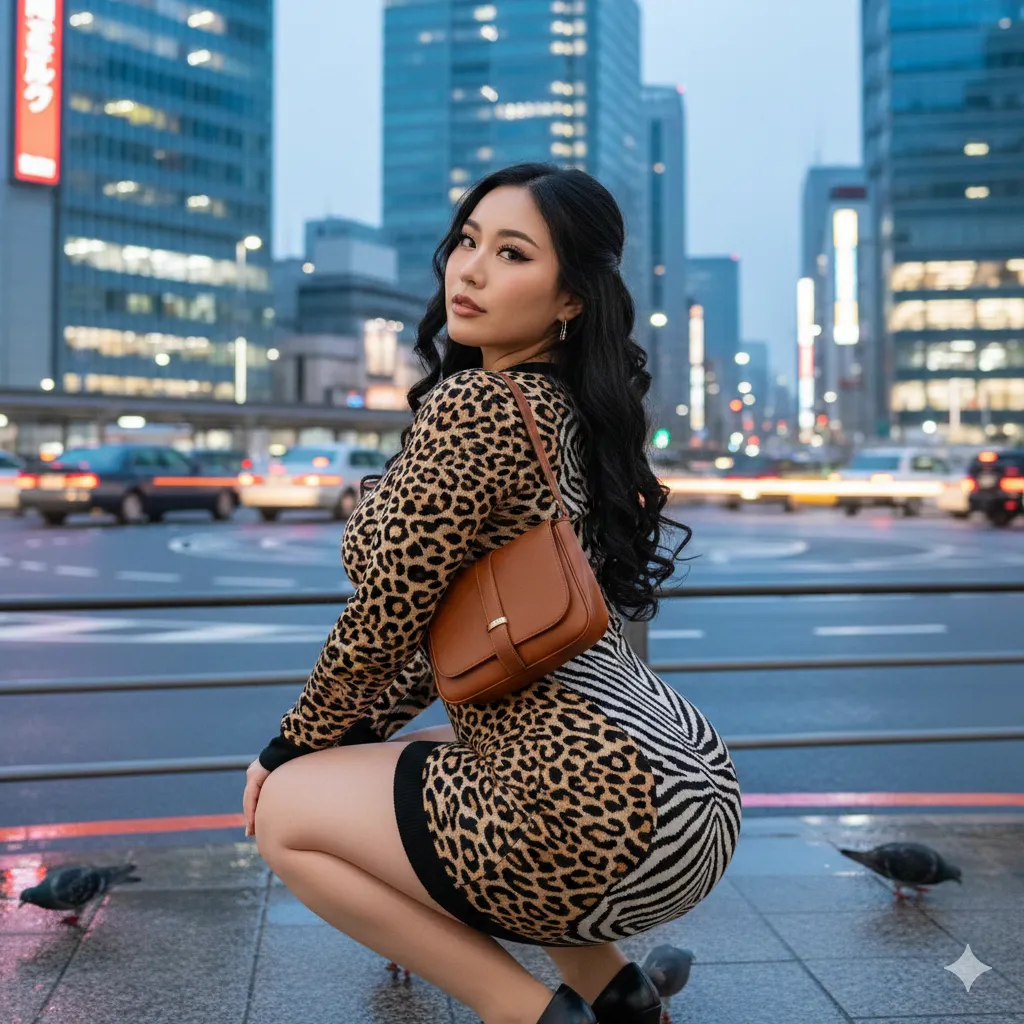 柄ワンピ美女がスクワットで後ろ姿のエロラインを強調 035