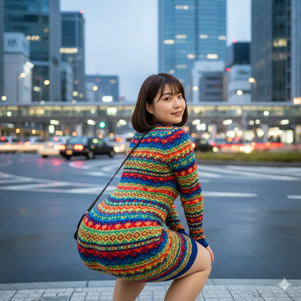 柄ワンピ美女が脚を開いたスクワットで尻ラインを強調 041