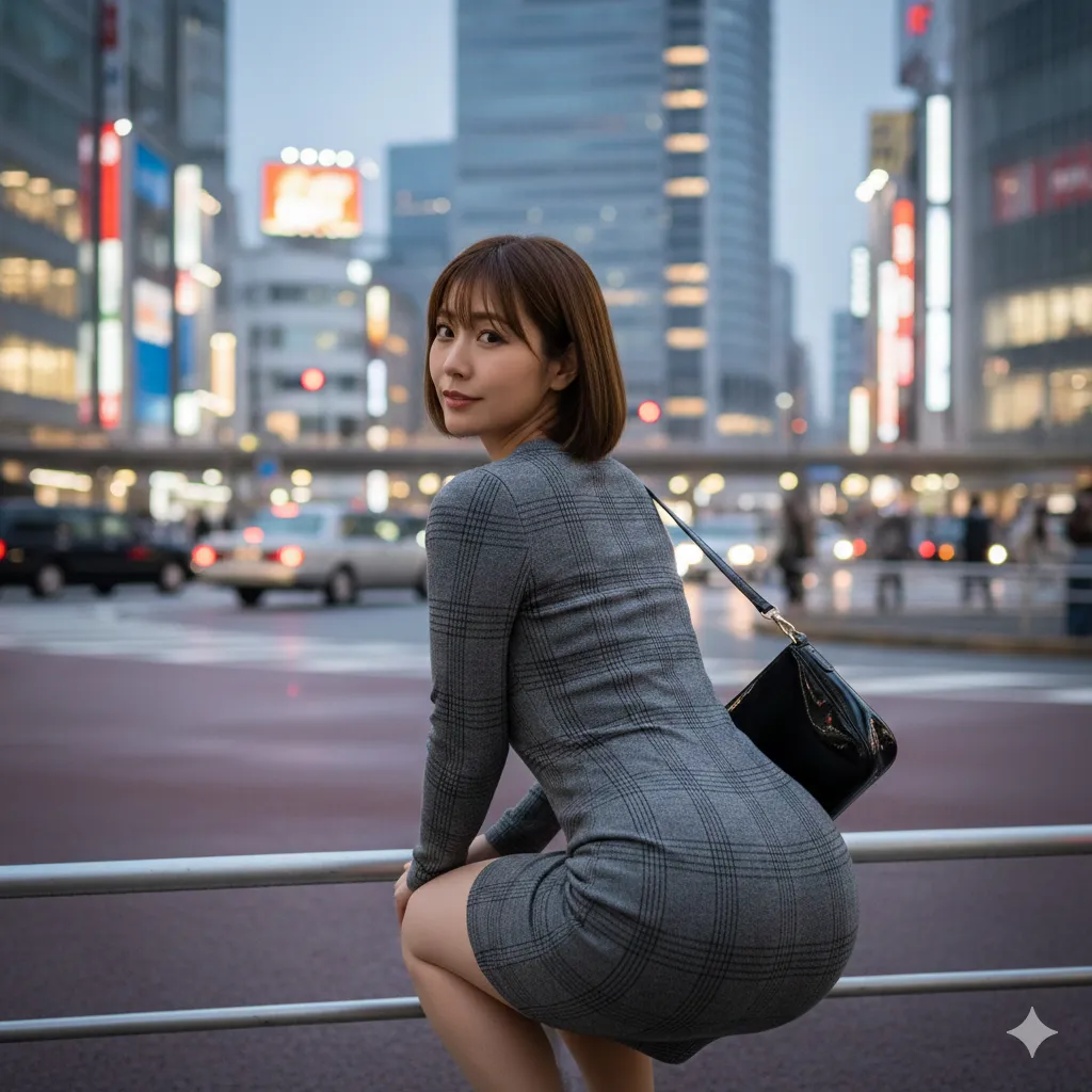 豊満ヒップの影が色気を帯びる柄ワンピスクワット 044