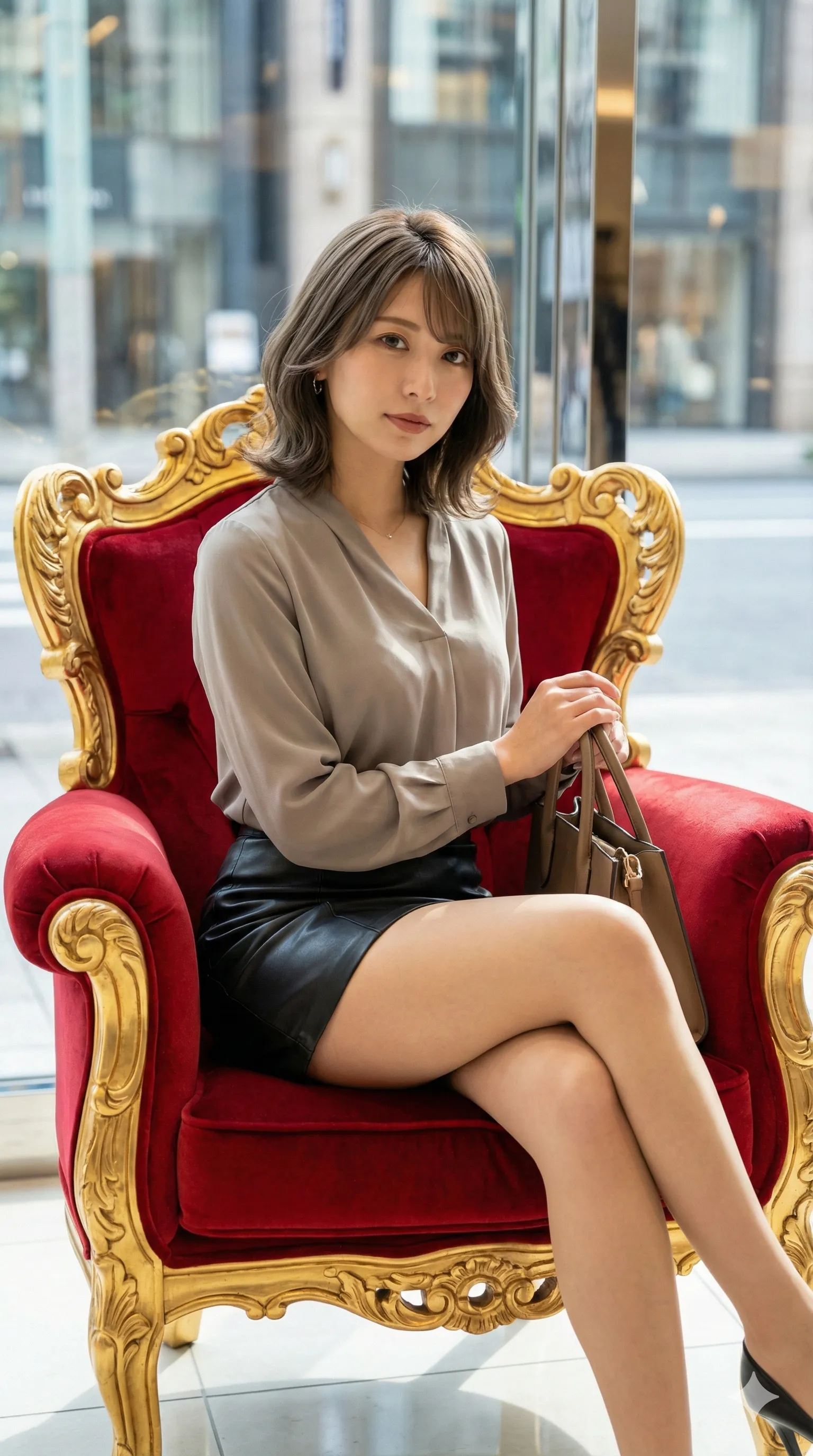 ブラックレザー越しに伝わる、内側からの肉の反発力