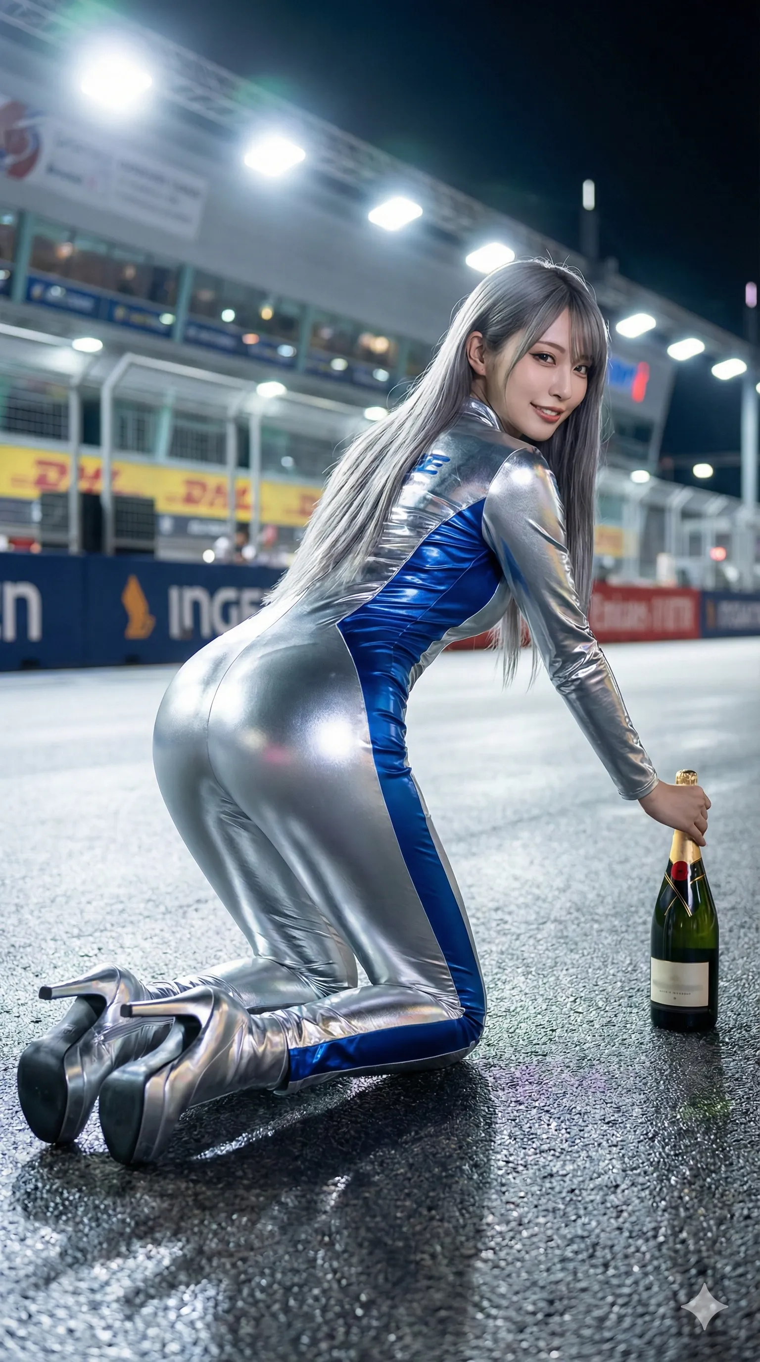 ハイヒールで脚線美が伸びるレースクイーンの後ろ姿フェチカット