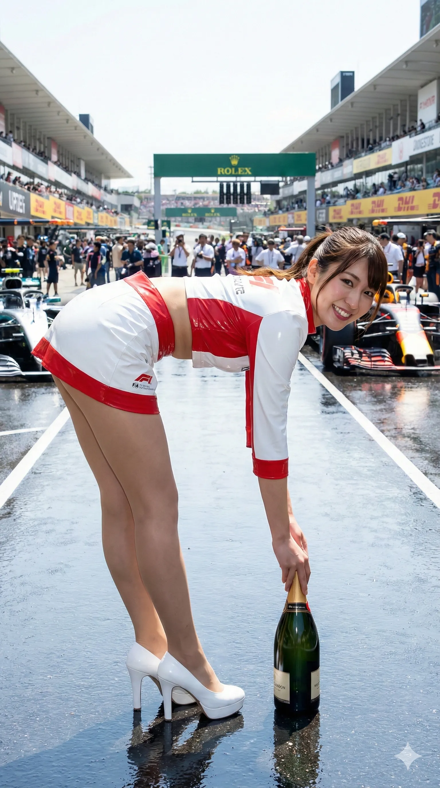 振り向きながら微笑む表情とヒップラインを同時に映した構図