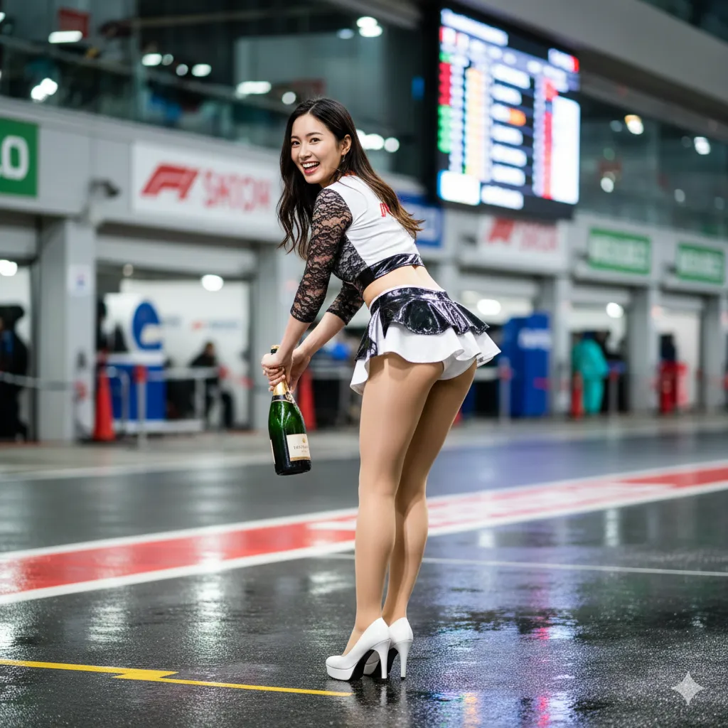 車両の横でポーズを取るレースクイーン風の背面ショット