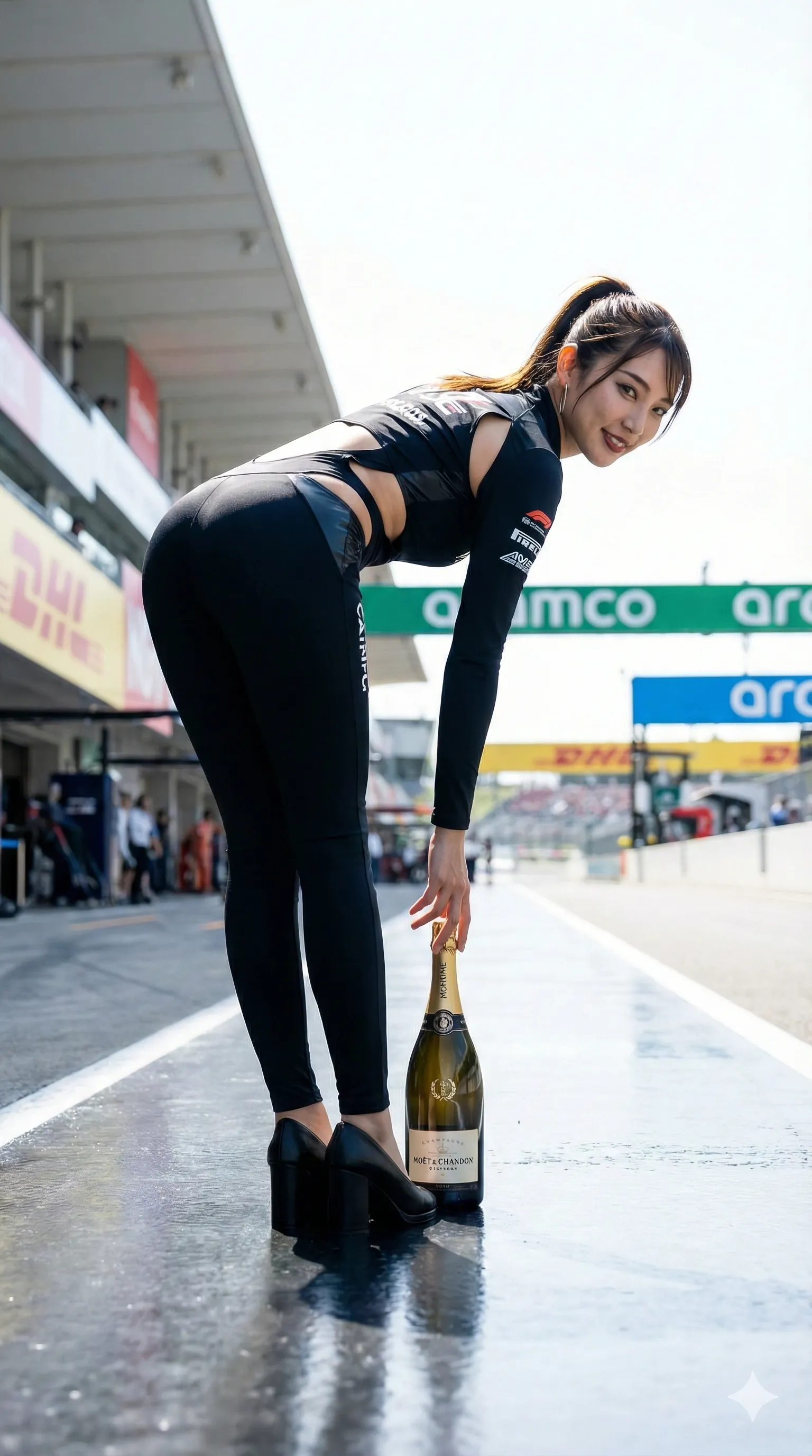 背中を反らして胸を張る姿勢でヒップの丸みが強調される構図