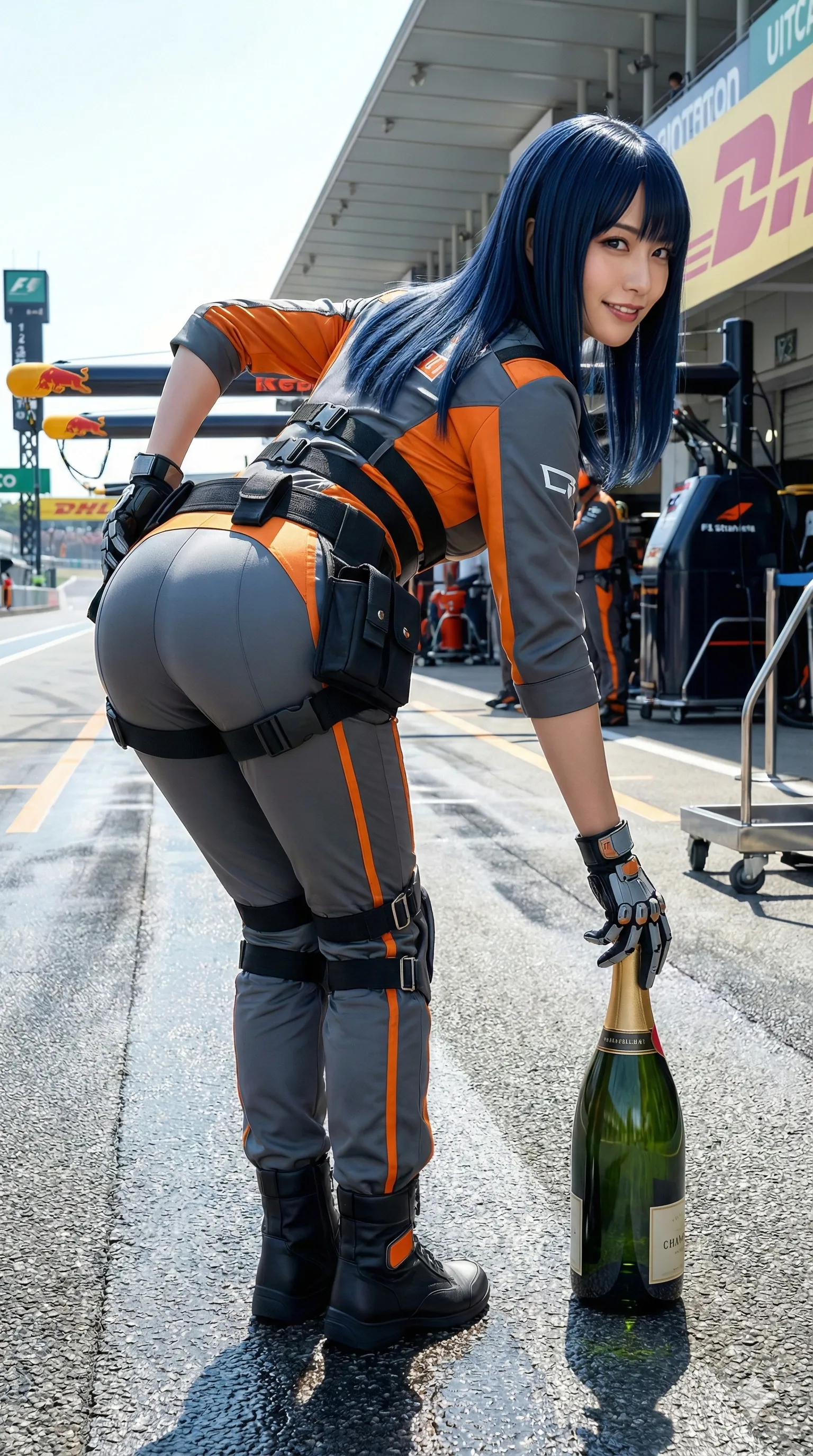 ピットの看板前でポーズを決めるレースクイーン風の背面ショット