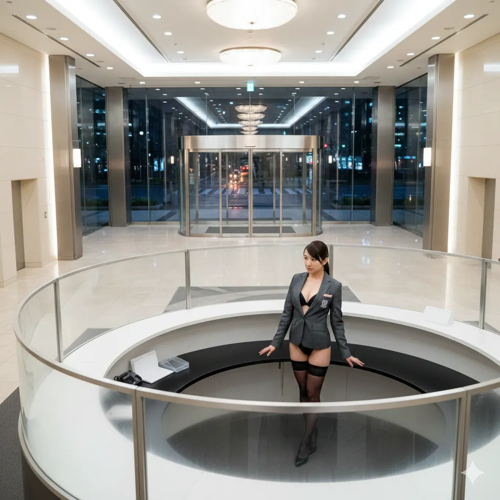 パンティーだけの下半身を強調する受付嬢の立ち姿 010