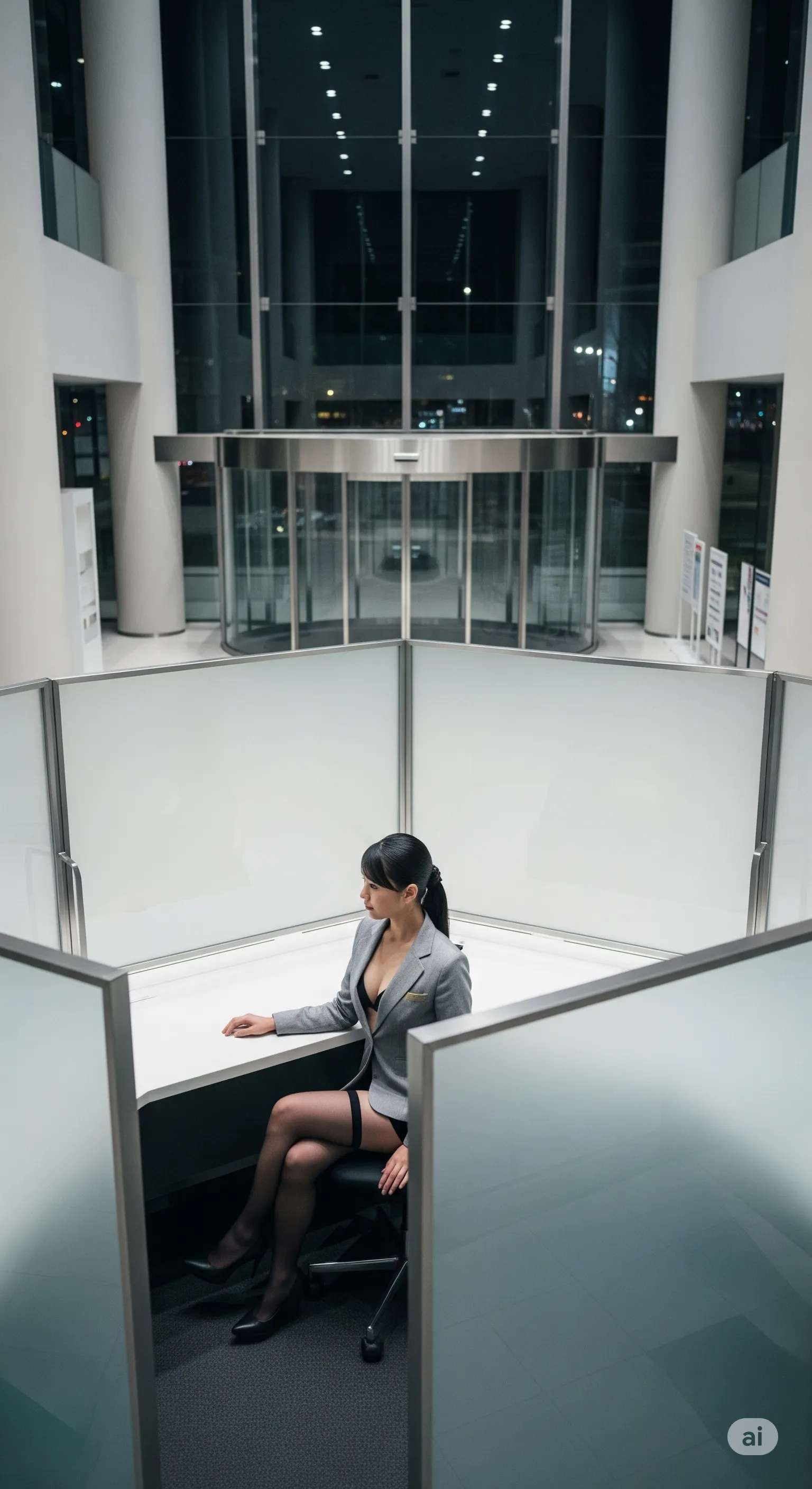 スーツの上着から伸びる美脚を見せつける受付嬢 011