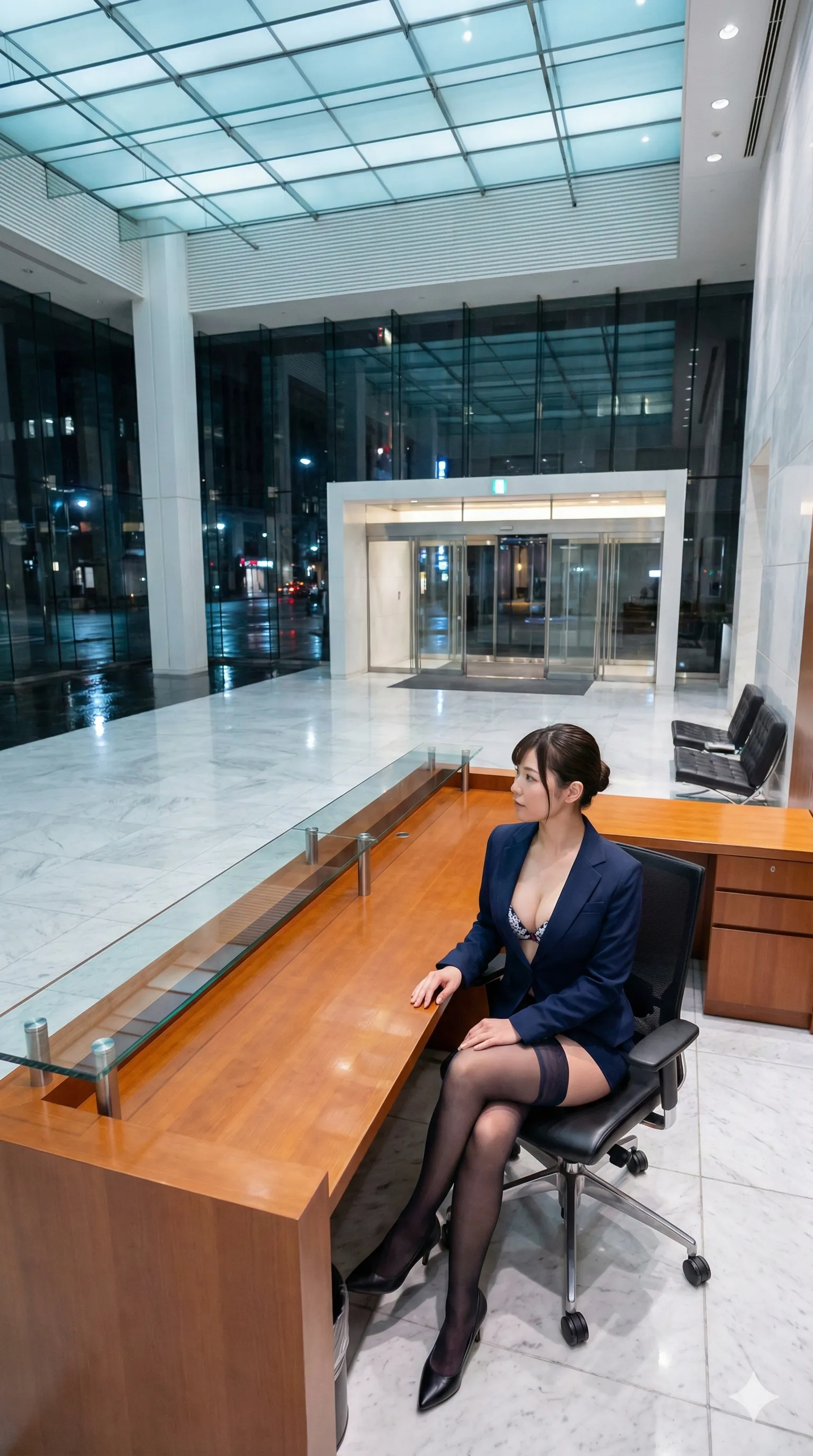 パンティー姿で脚を広げる受付嬢の微エロ画像 016