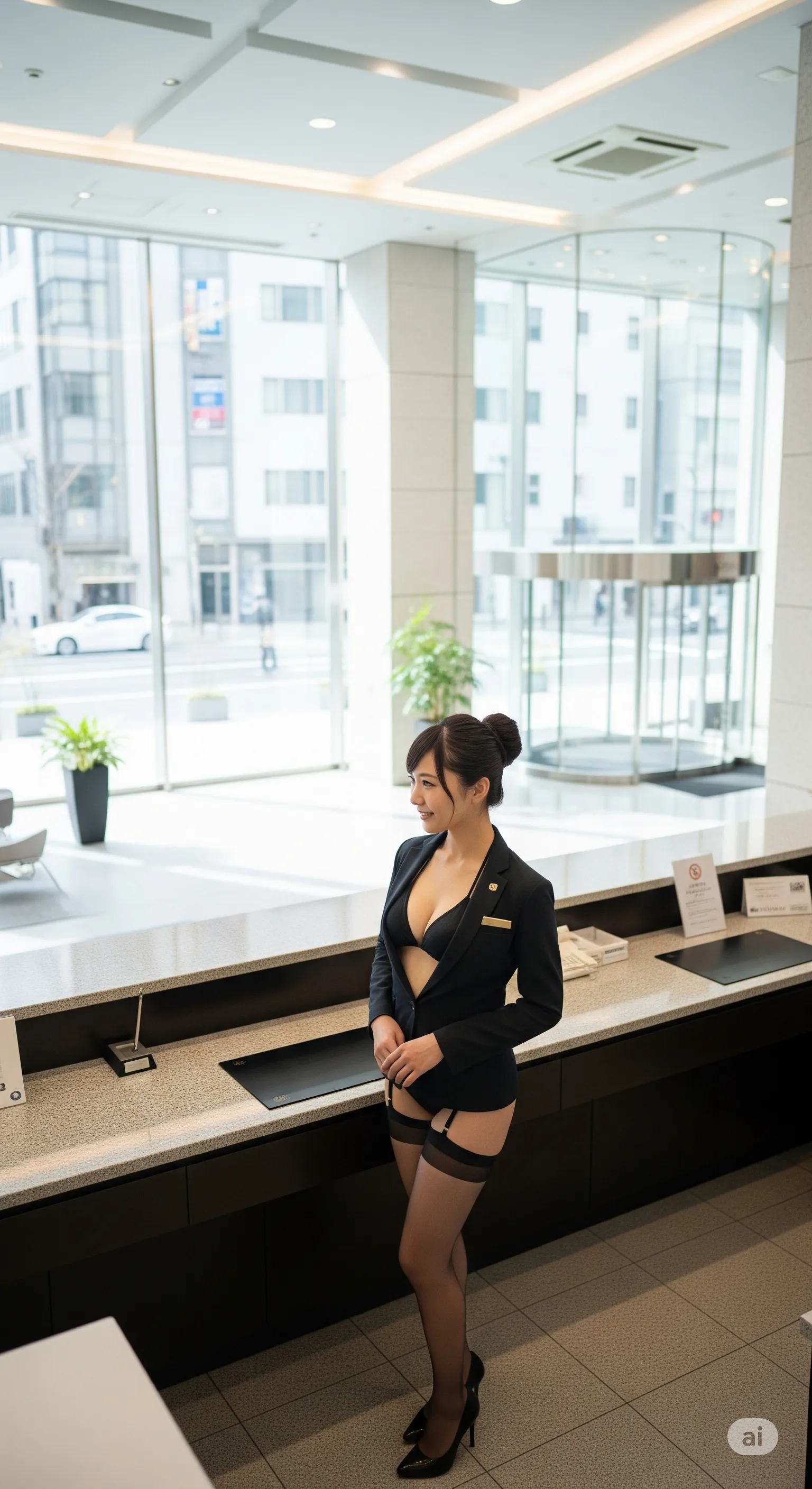 オフィス内でパンティー越しのヒップを見せる受付嬢 018