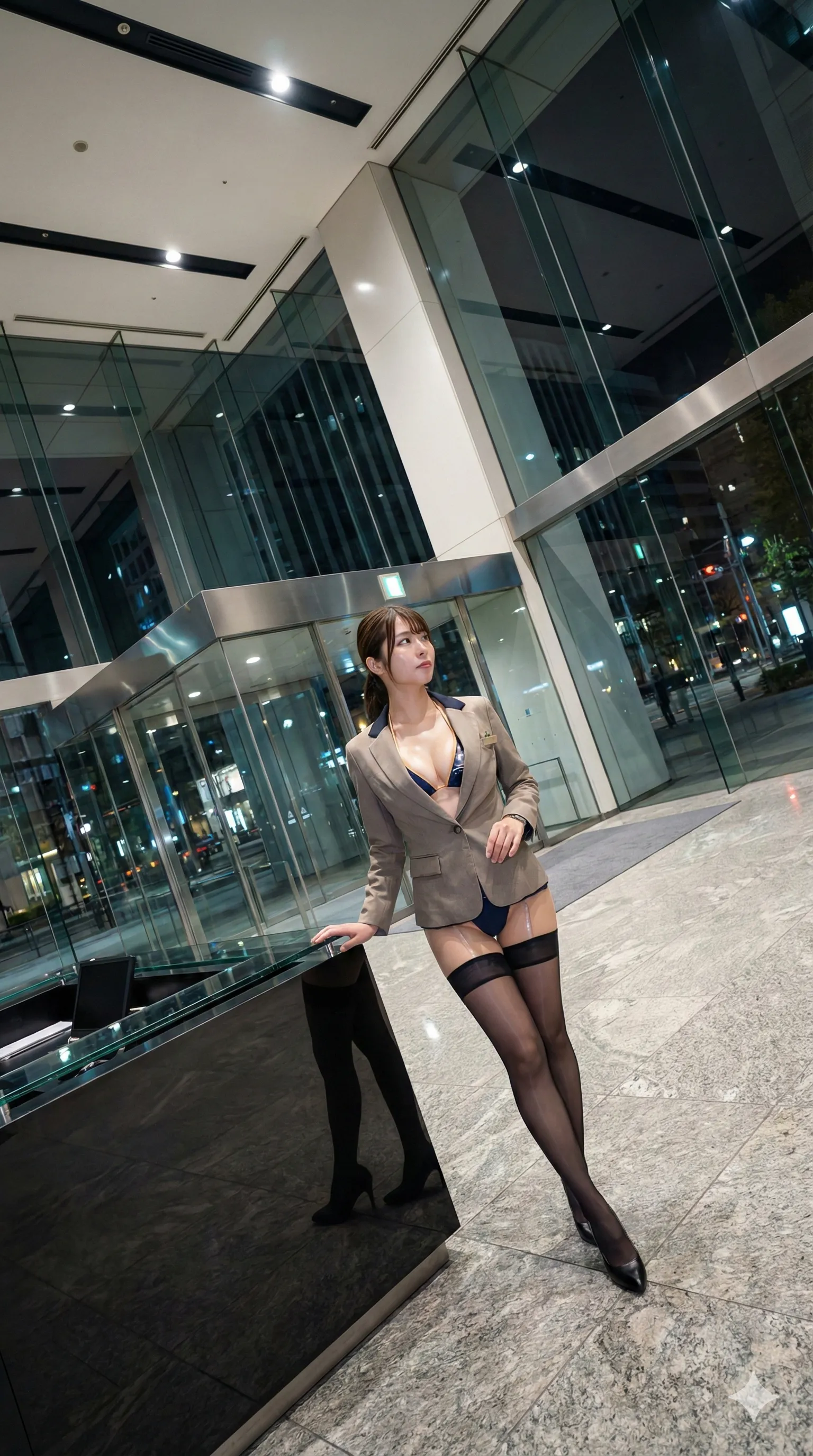 パンティー強調で立ち姿を披露する受付嬢 023