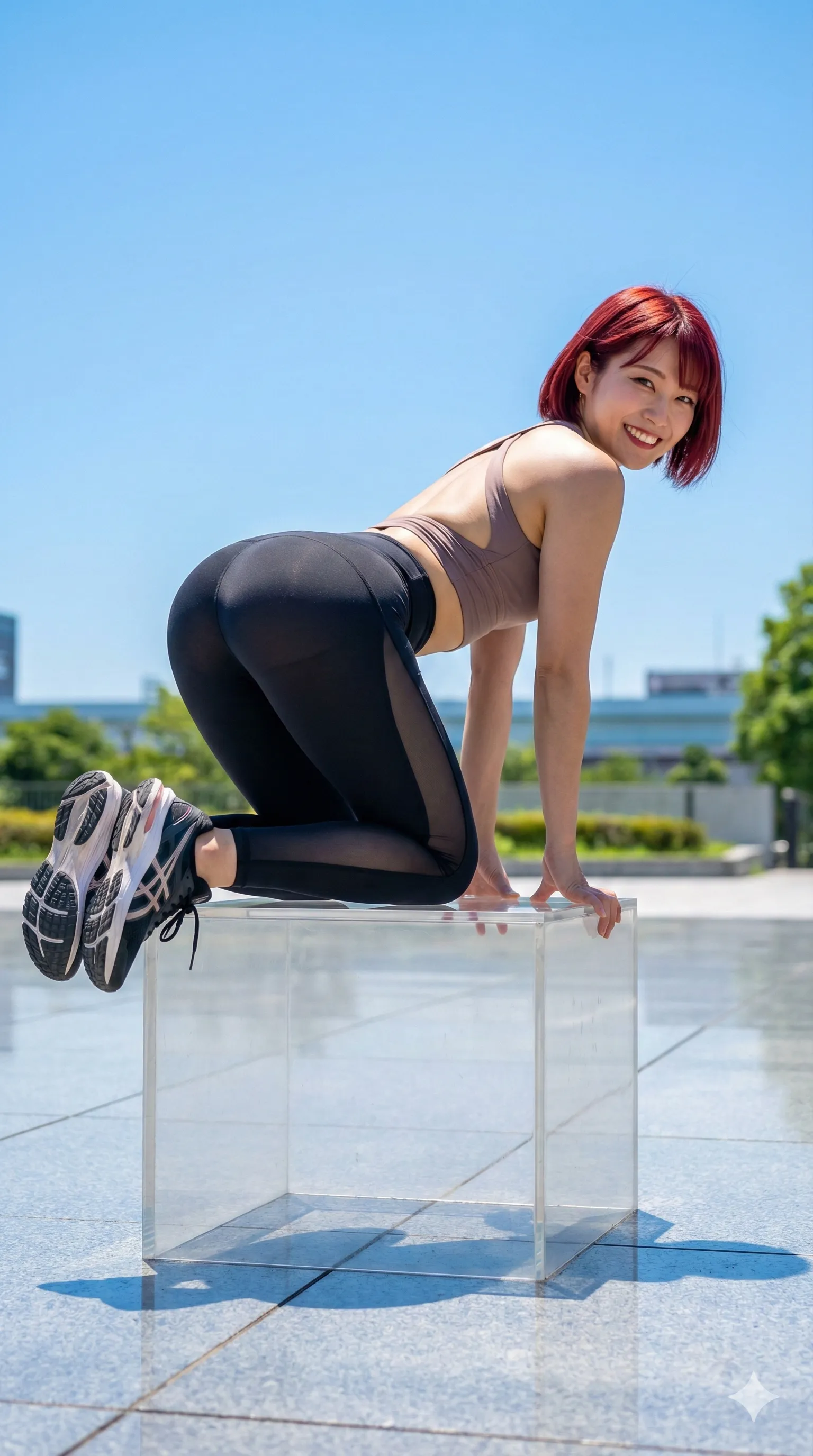 前傾姿勢の四つん這いで腰の反りが際立つ赤髪美女 013