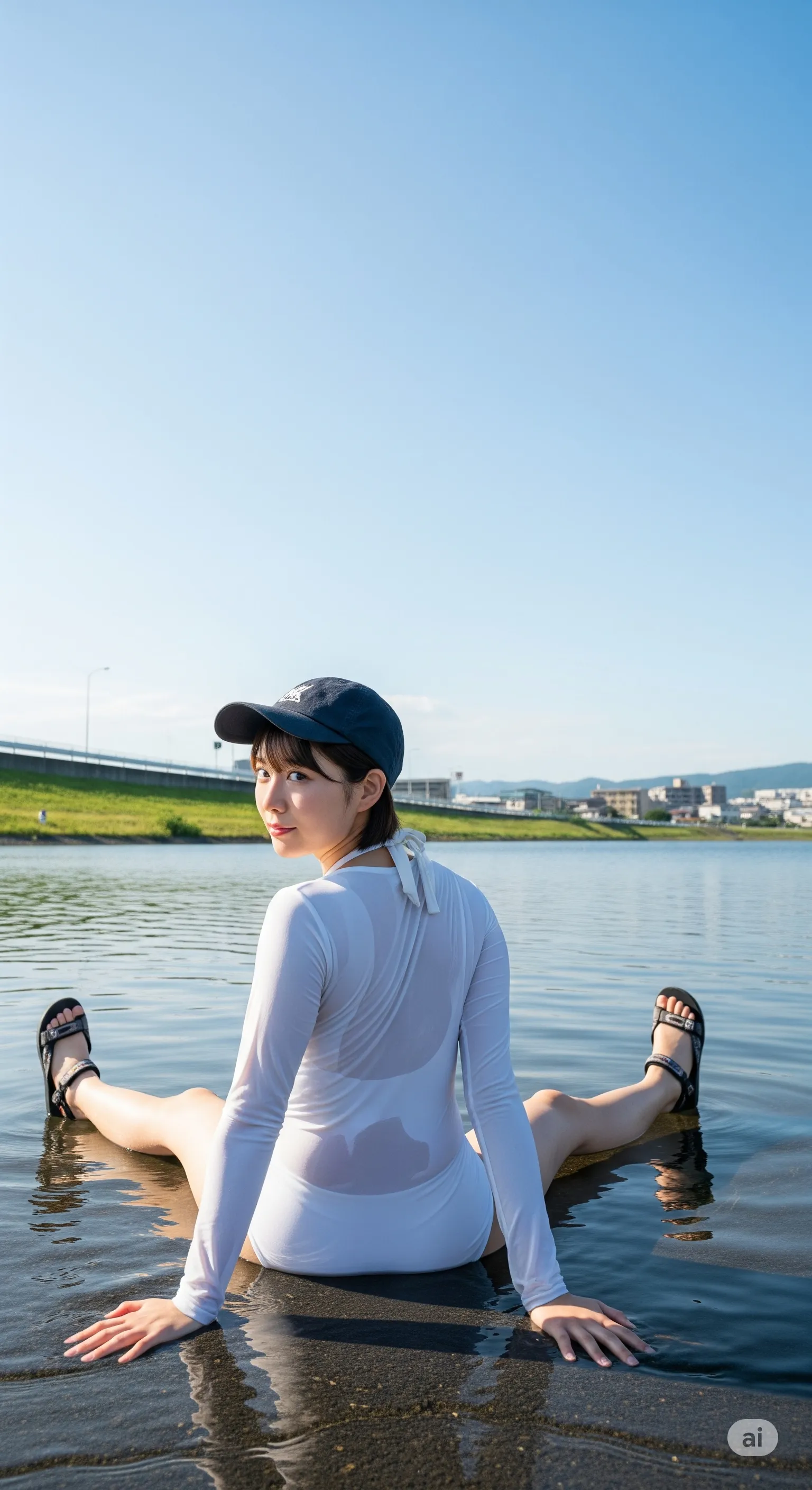 自然光で透けた水着が美尻を際立たせるバックショット 004