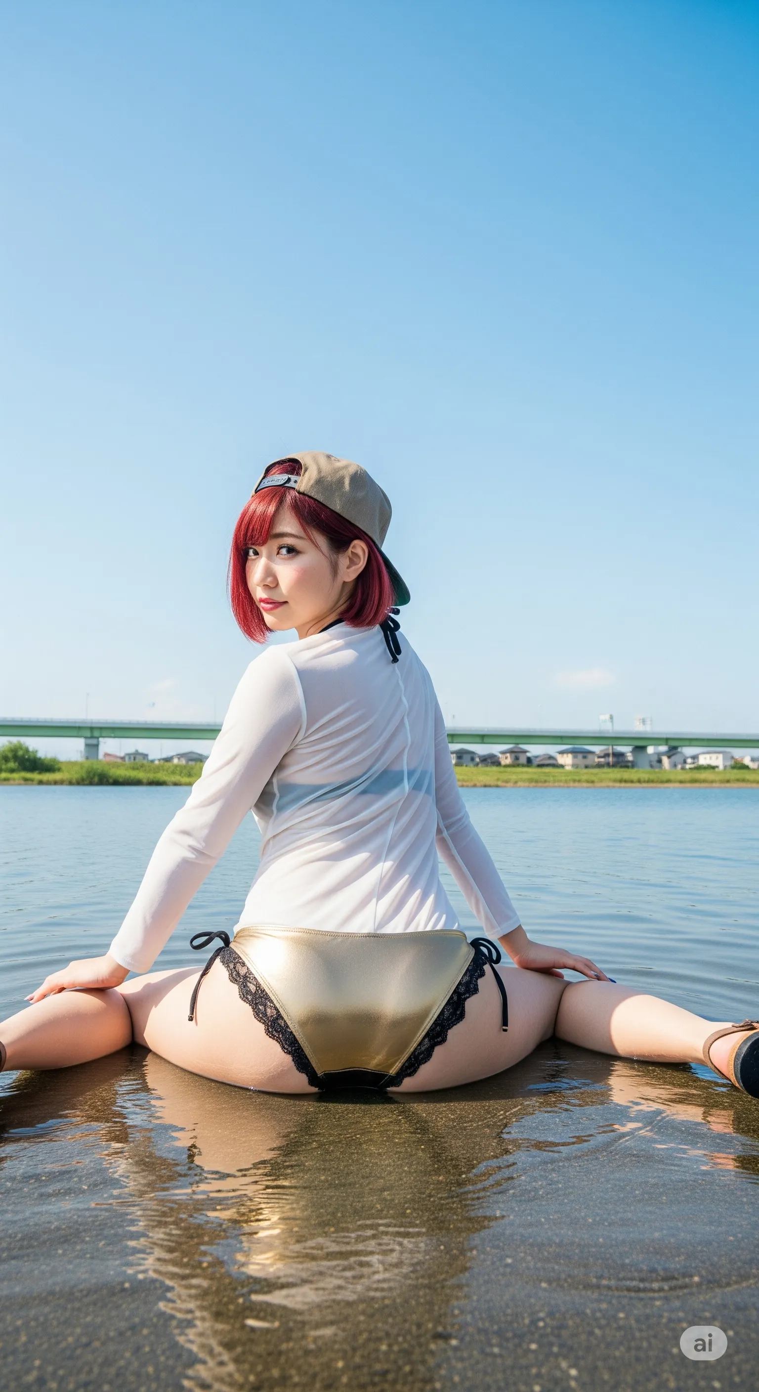 透け水着美女が川辺で背中とヒップを同時に魅せるバックショット 008