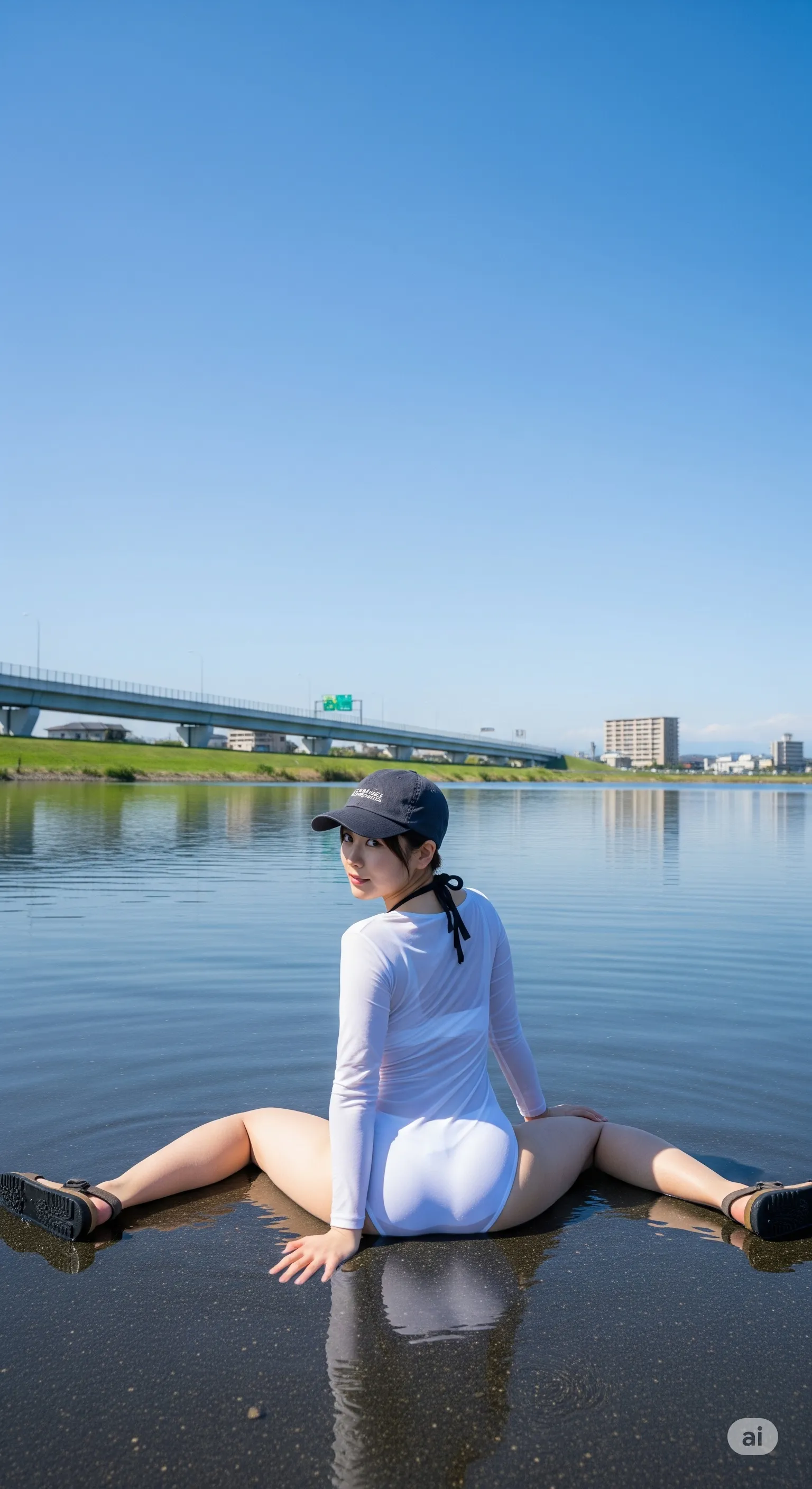 ゆったり座る水着美女の背中とヒップが魅力の一枚 019