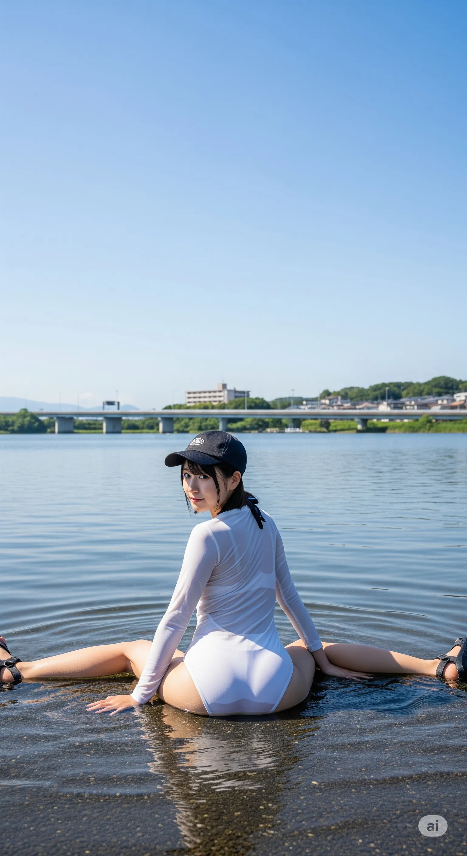 水滴がついた水着越しに美尻が浮かび上がる川辺ショット 021