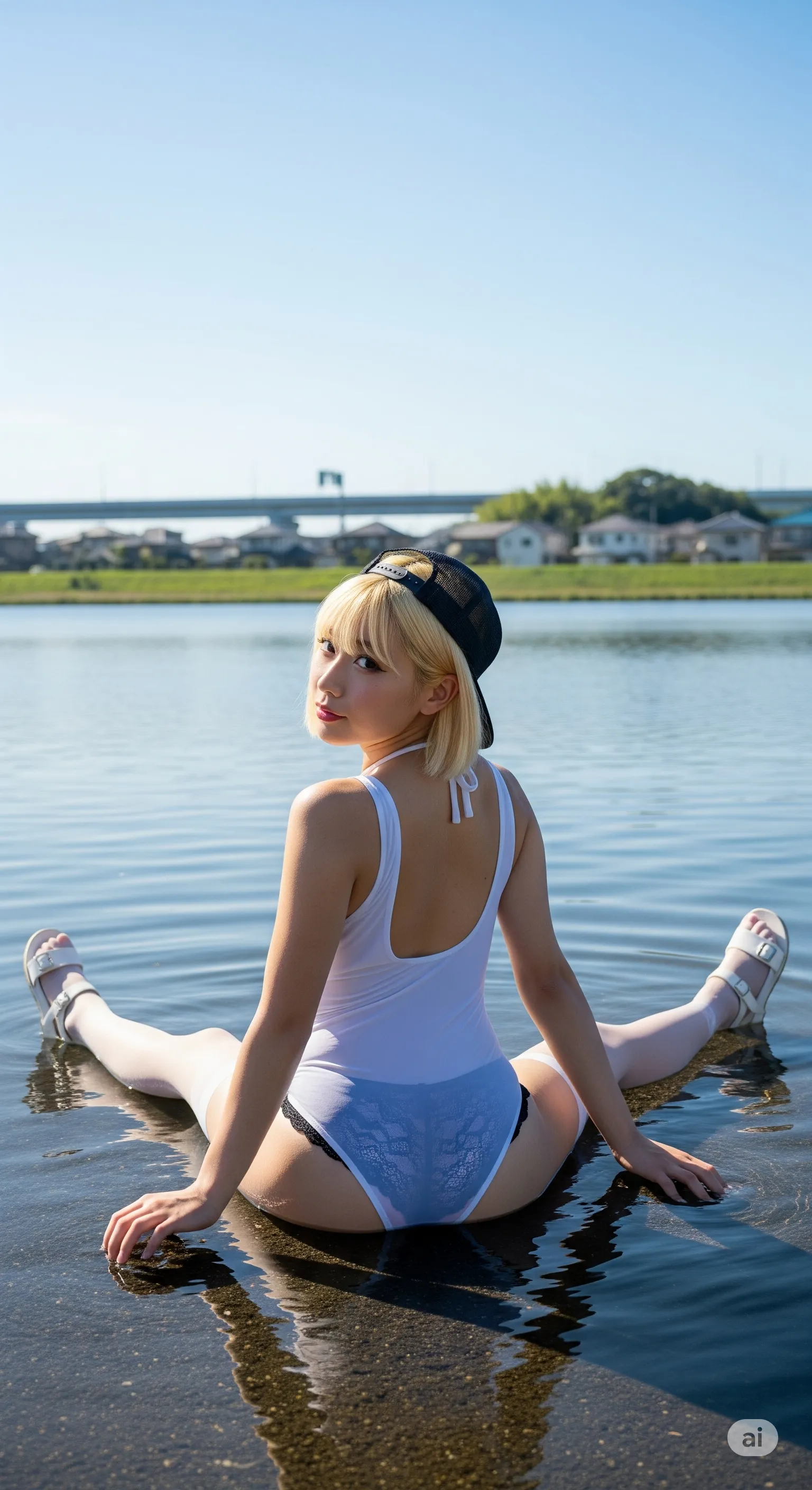 浅瀬の岩に座ってお尻を後ろに突き出す水着美女 022