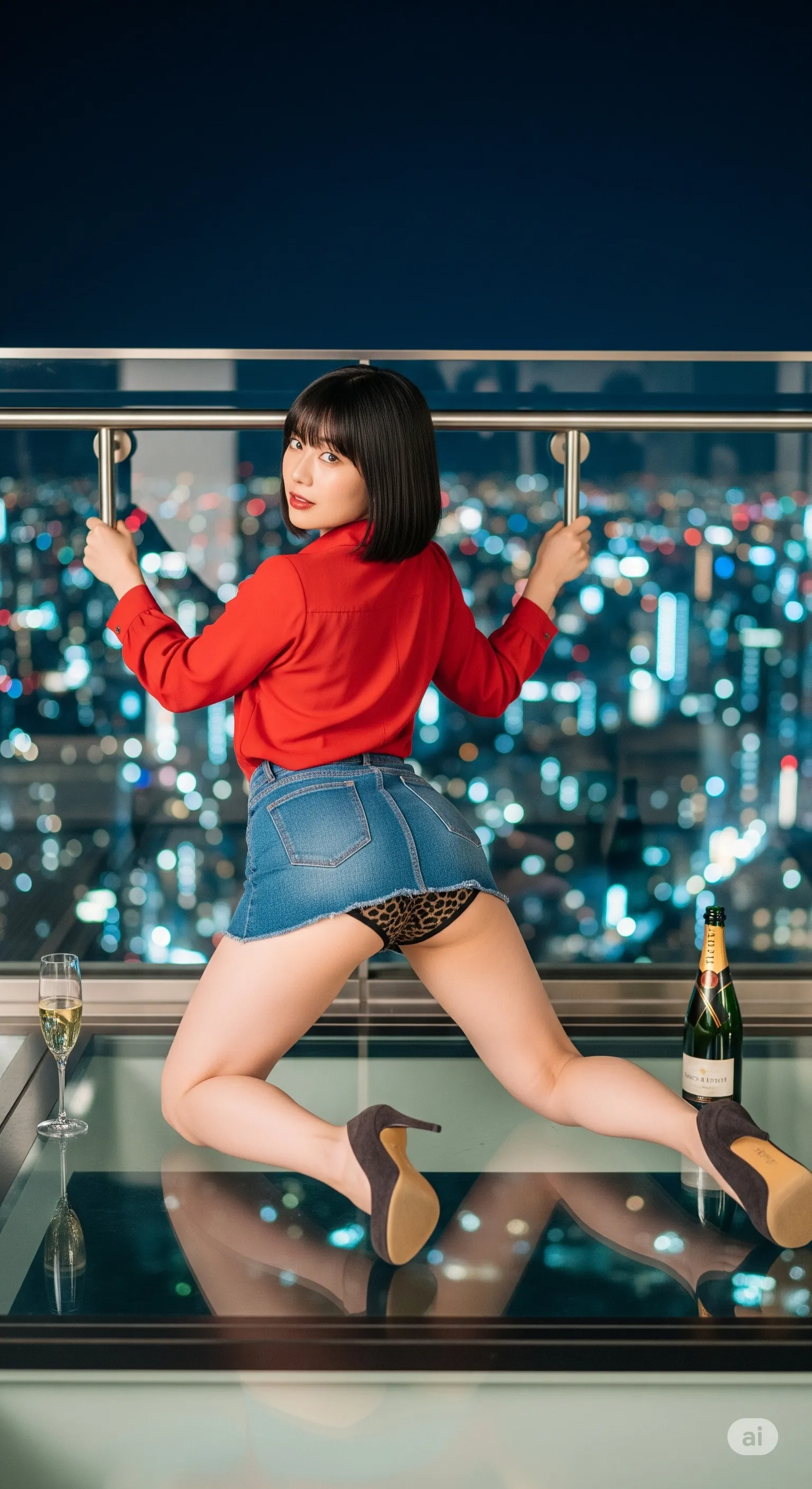 屋上で前傾する美女の太ももとパンチラを捉えた微エロ画像 004