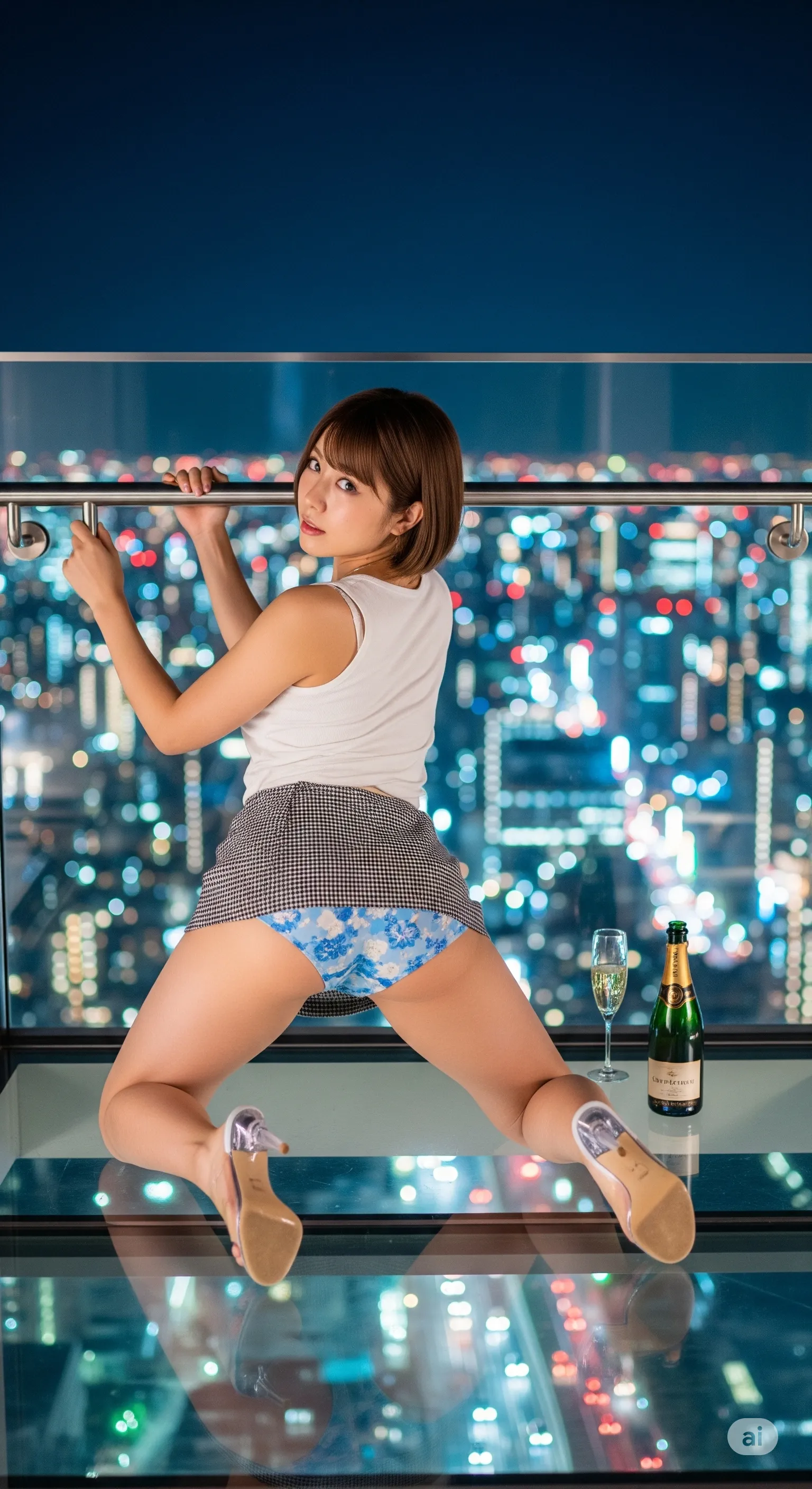ミニスカ美女が手をついて前傾するパンチラショット 028