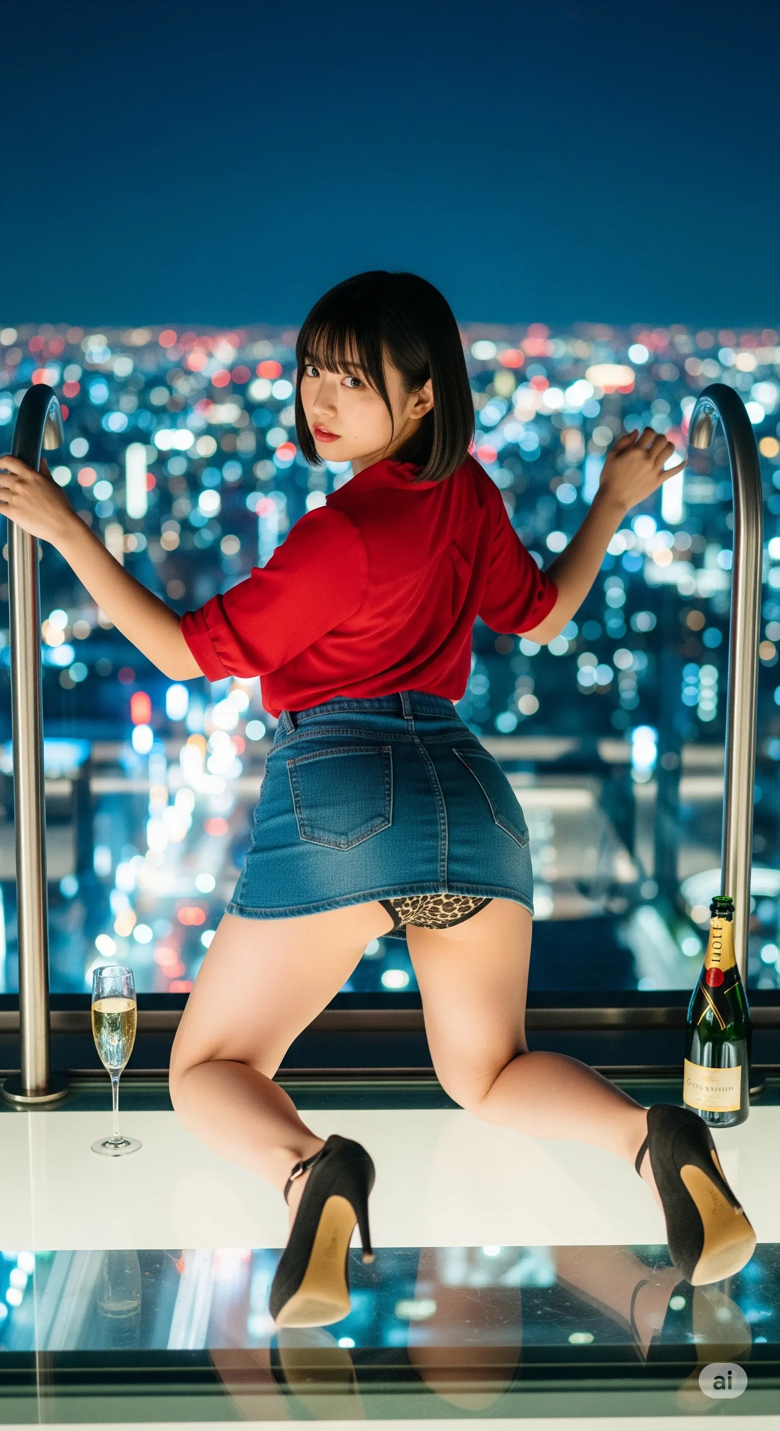 屋上のライトがパンティーの柄を強調する微エロ画像 029