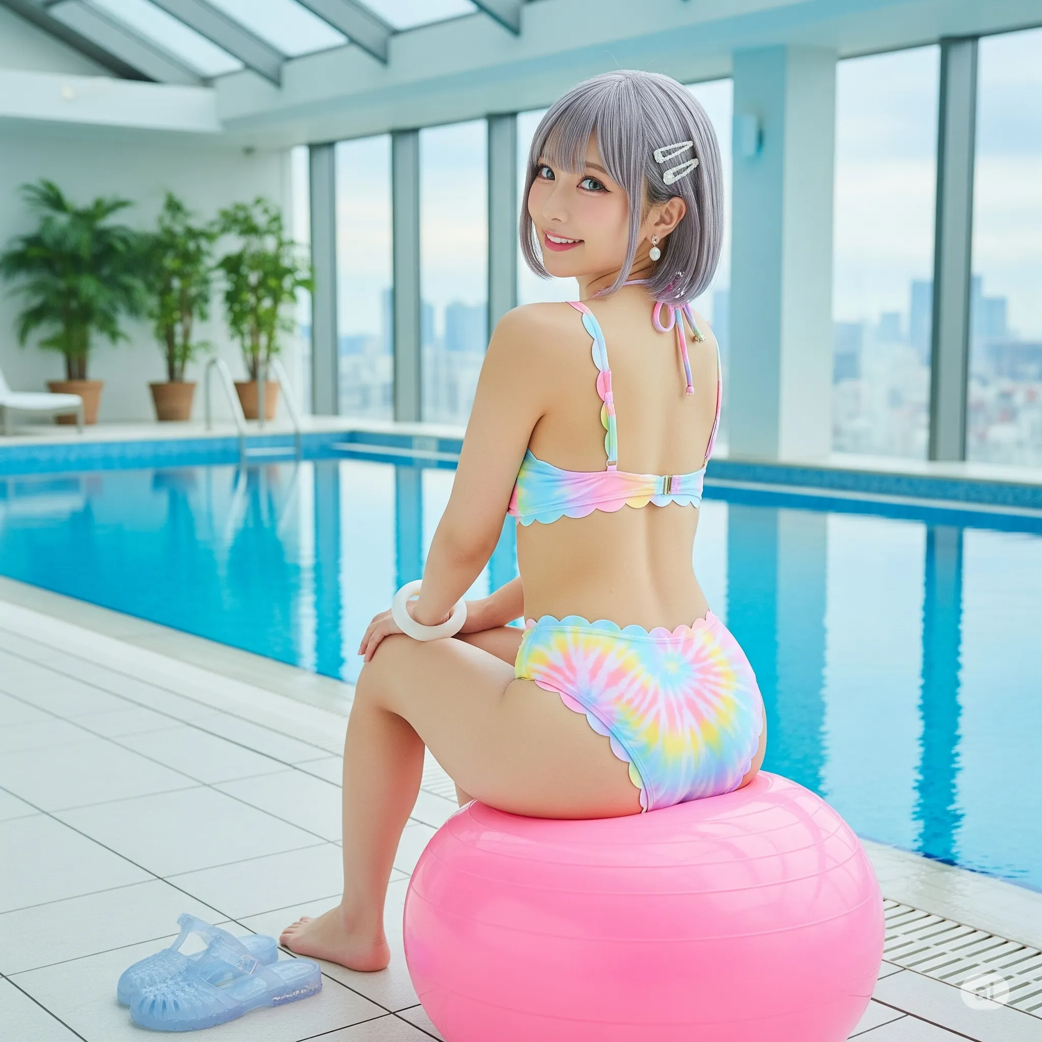 屋上プールでバランスボールに座る女性のショット064