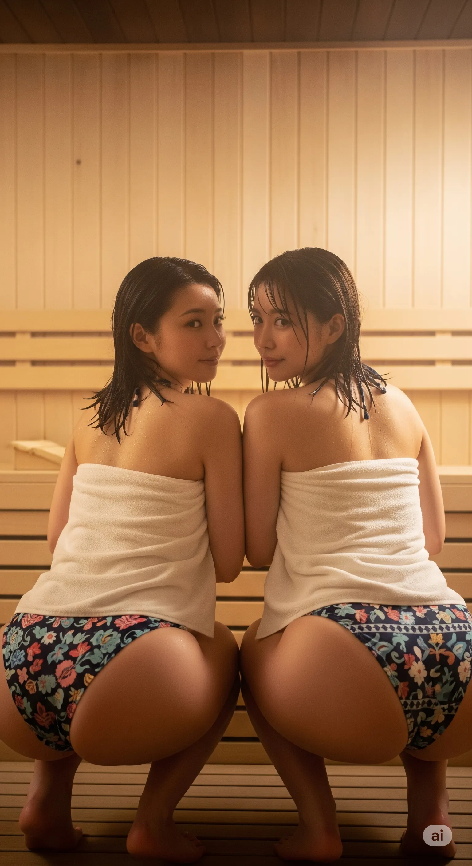 サウナ室の隅で二人密着し、お尻をカメラへ向ける挑発的な構図 グラビア