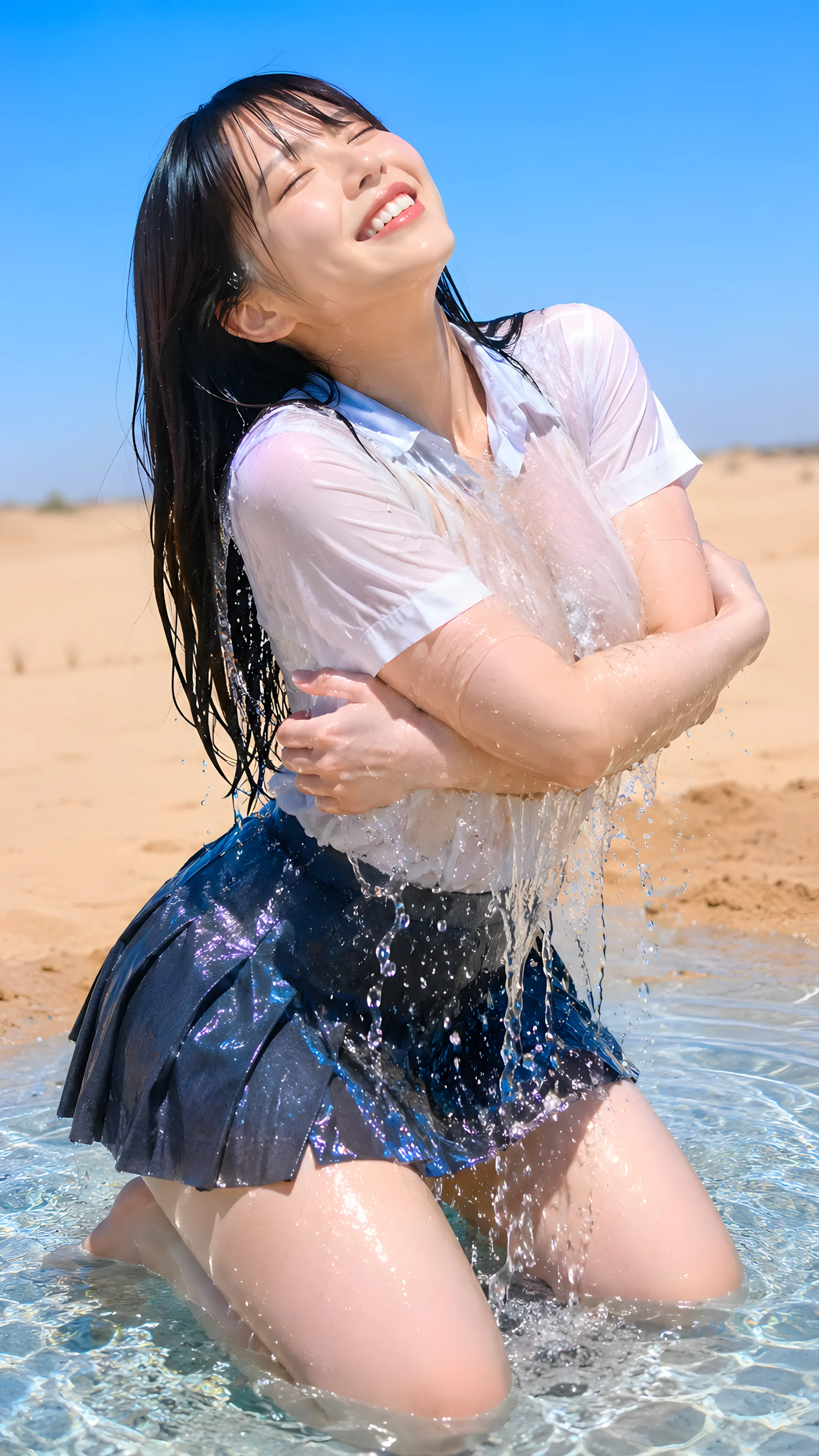 女子高生風制服 びしょ濡れ 砂丘 001