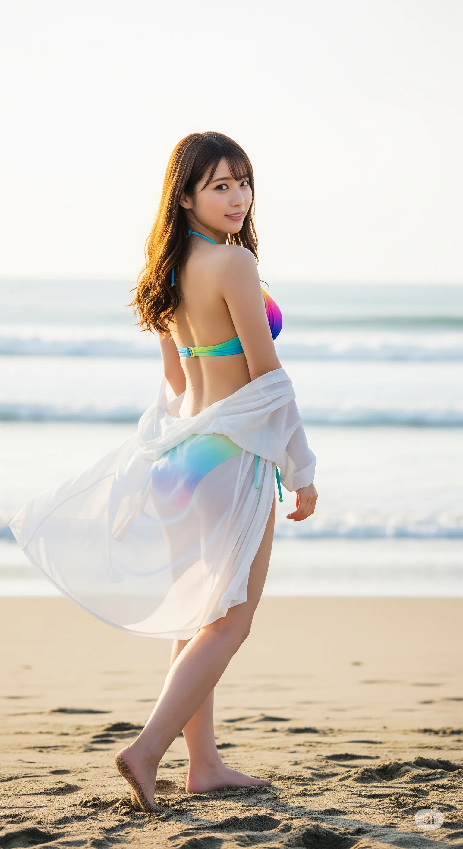 レース羽織りを自ら広げ、水着の全貌を見せつける挑発的なポーズ 高画質