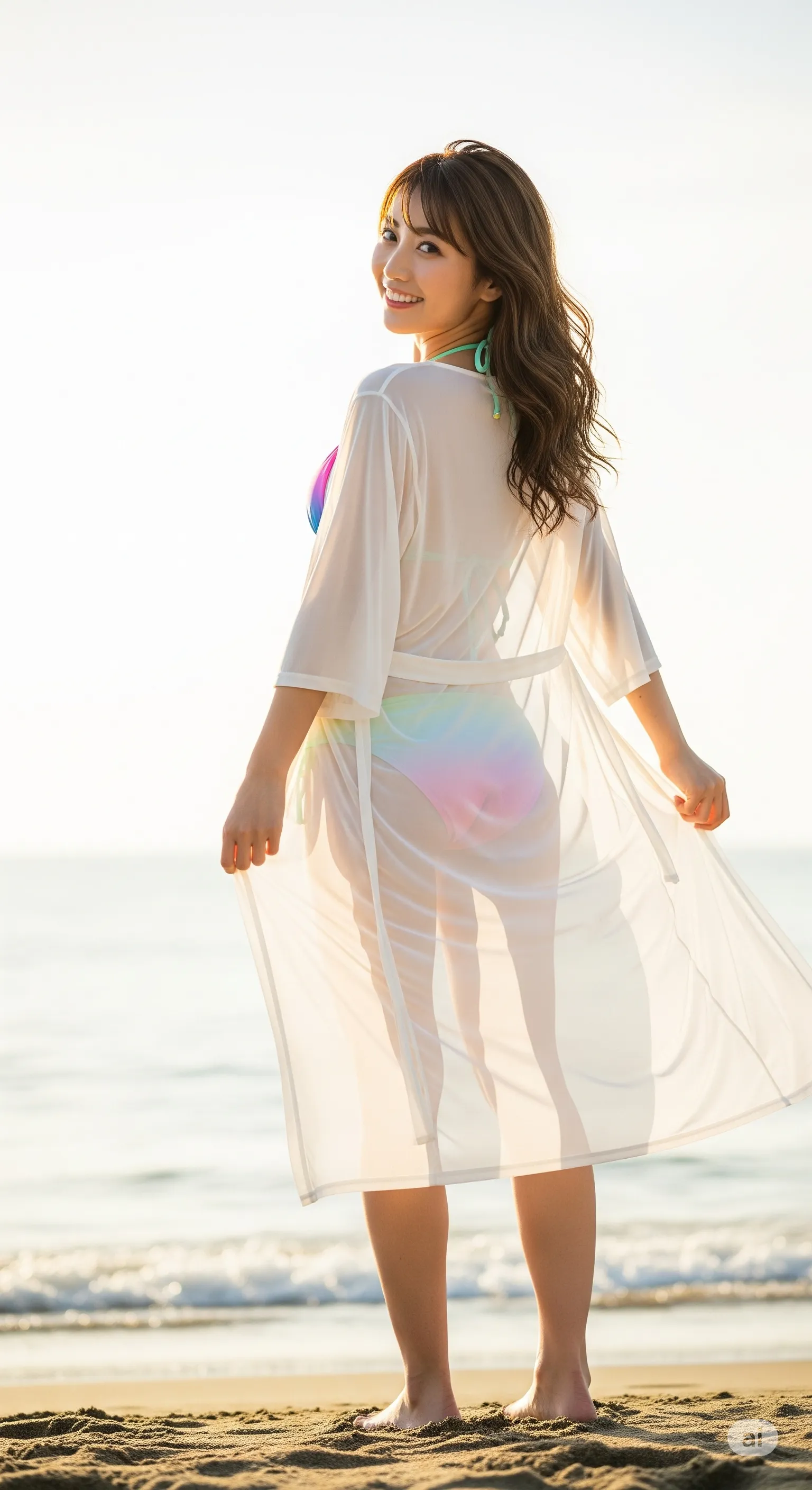 ビーチを立ち去る瞬間の、レースを揺らす見返り美人のヒップショット