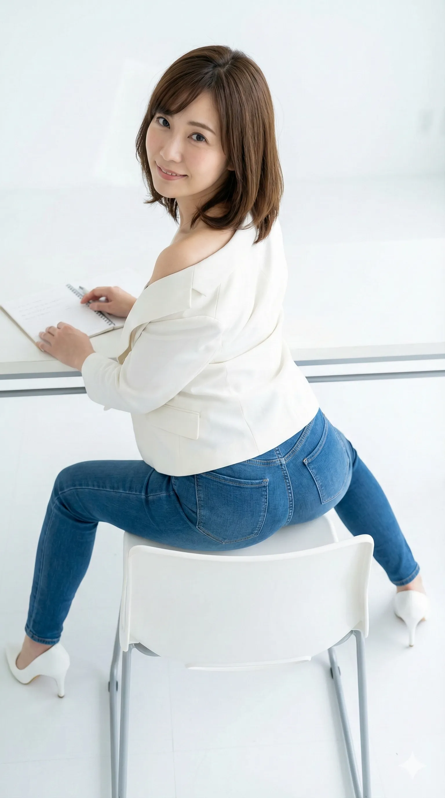 大学生風のカジュアルコーデで座り姿が自然に色っぽい後ろ姿