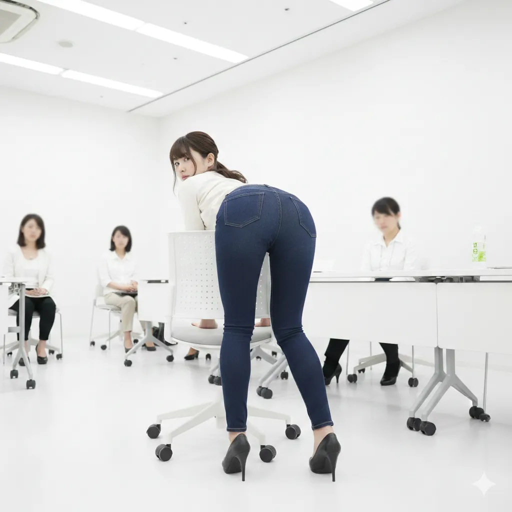 ギャル系の派手めスタイルが映えるセミナー受講席のバックショット