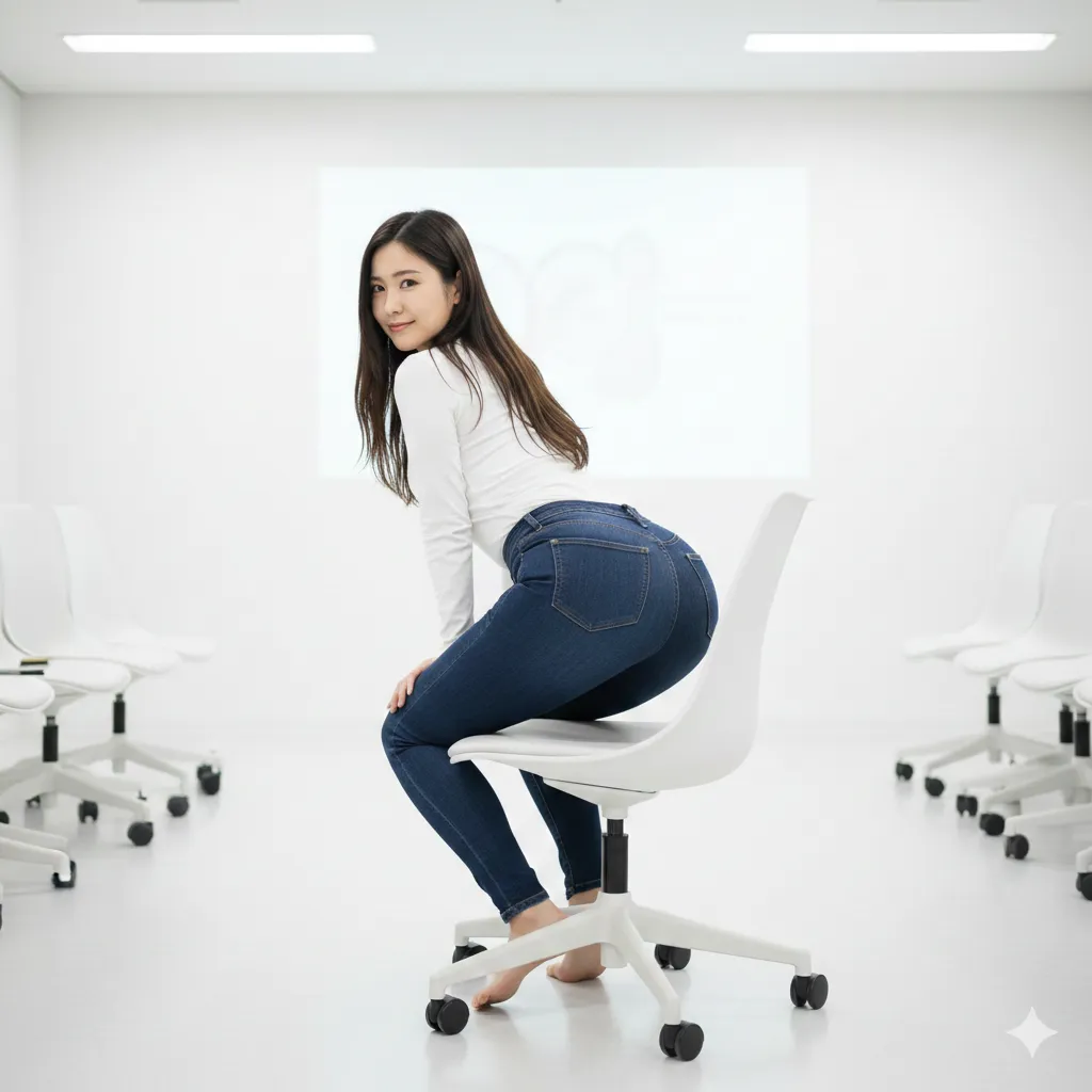 人妻風の落ち着いた私服で品のあるヒップラインが出る座り姿