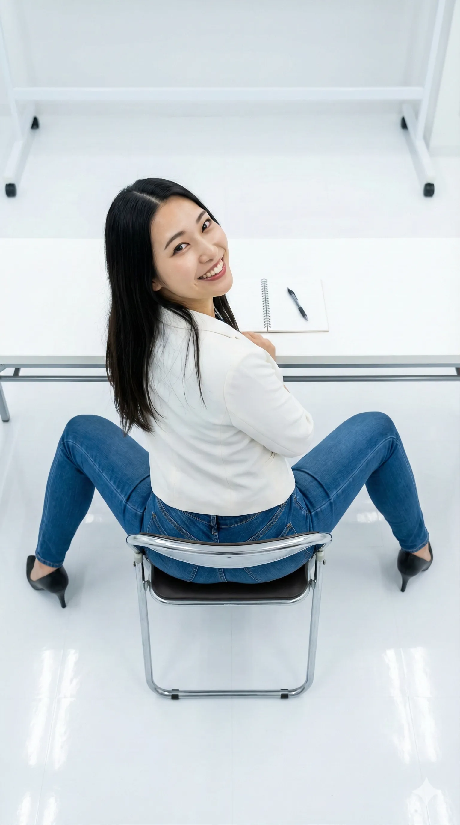 椅子の角度でヒップの丸みが強調される座り姿のバックライン