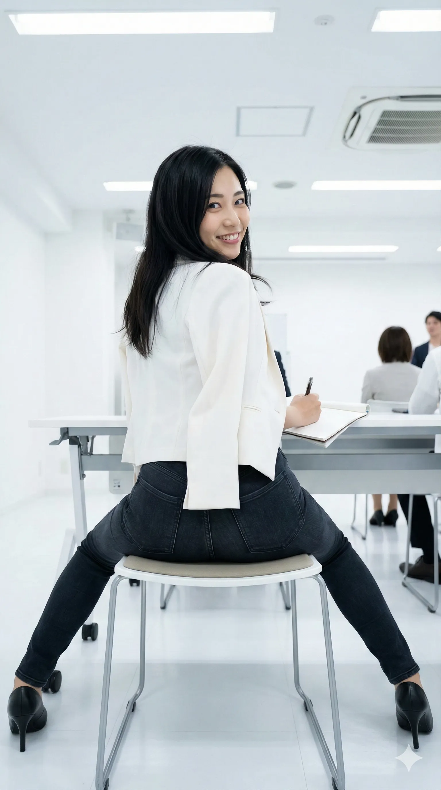 ギャル系ネイルが映えるメモ動作とデニムの曲線ショット