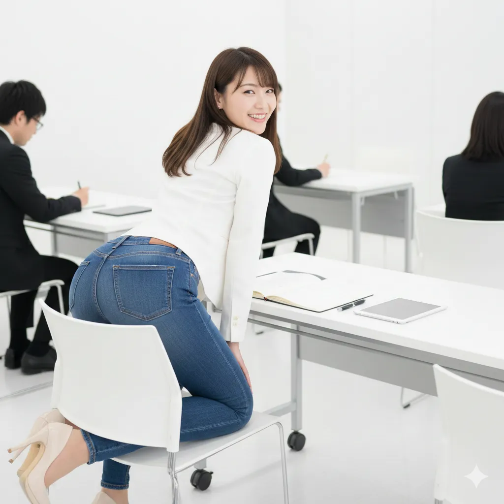 背筋を伸ばして座る姿勢が際立つデニム尻の立体感ショット