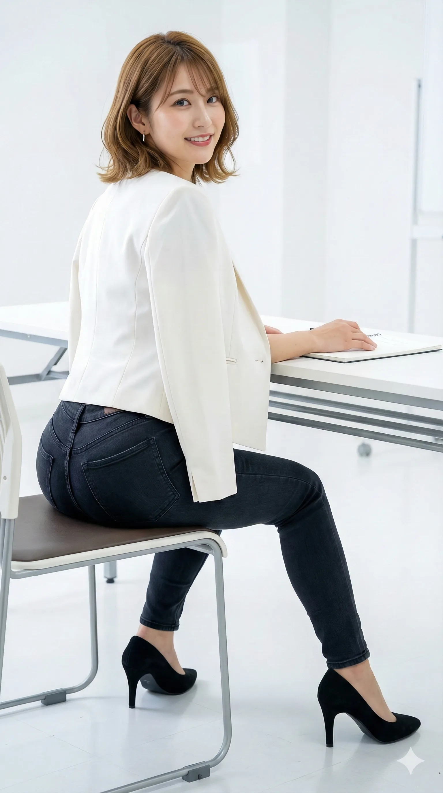 バッグを足元に置いた瞬間の体のひねりが出るバックショット