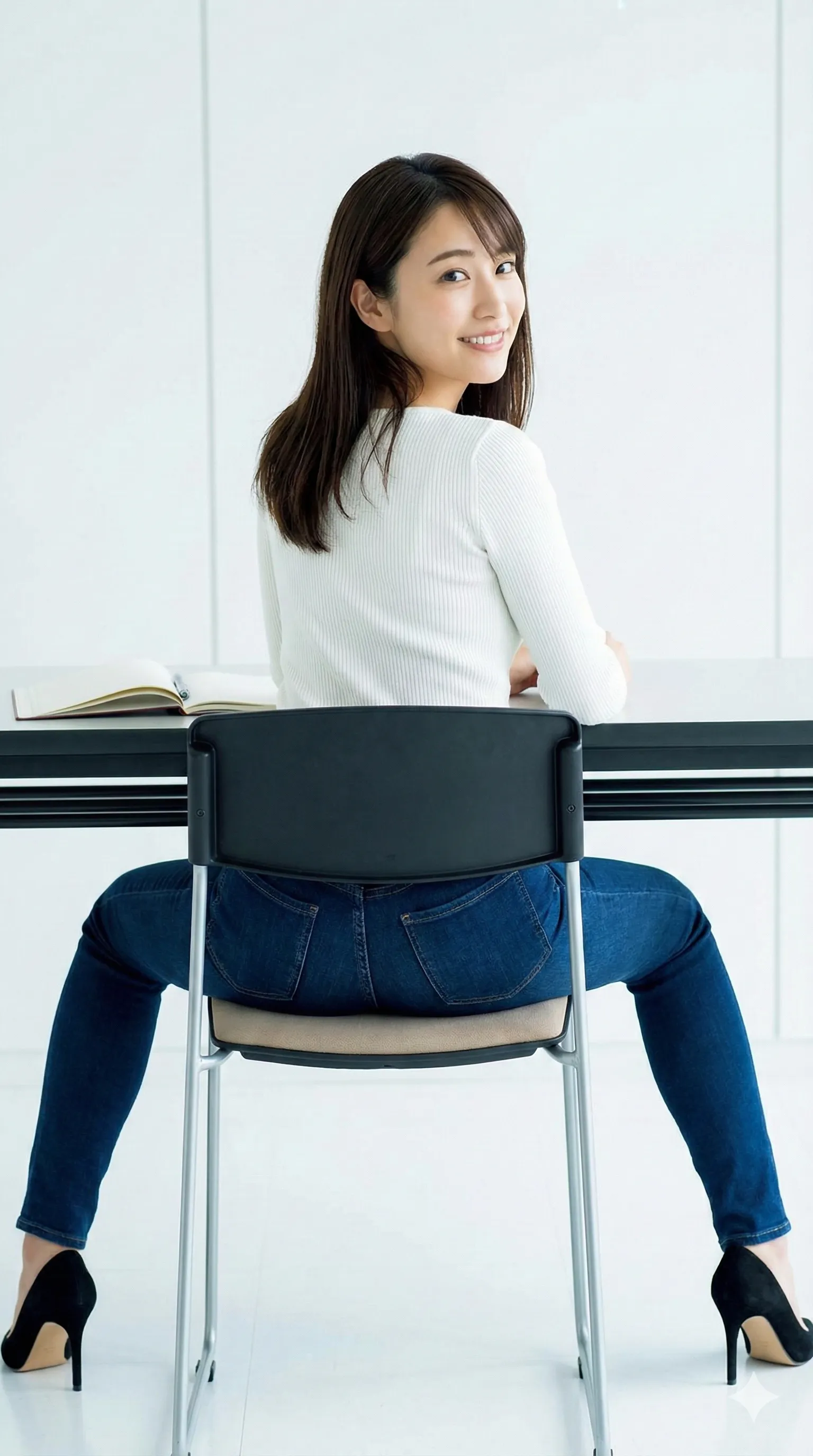 会場の通路側席で足を揃えて座るデニム美女の後ろ姿