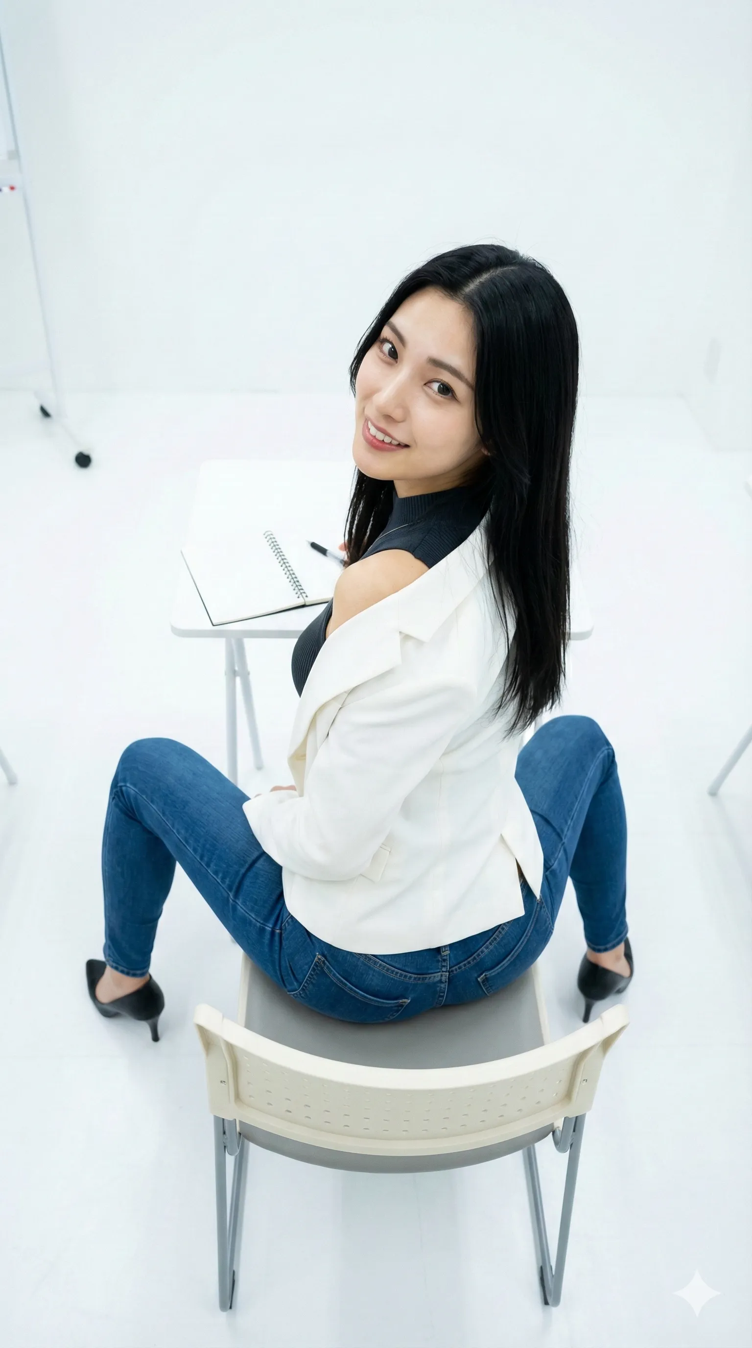 椅子の背もたれにもたれてヒップが強調されるリラックス受講姿