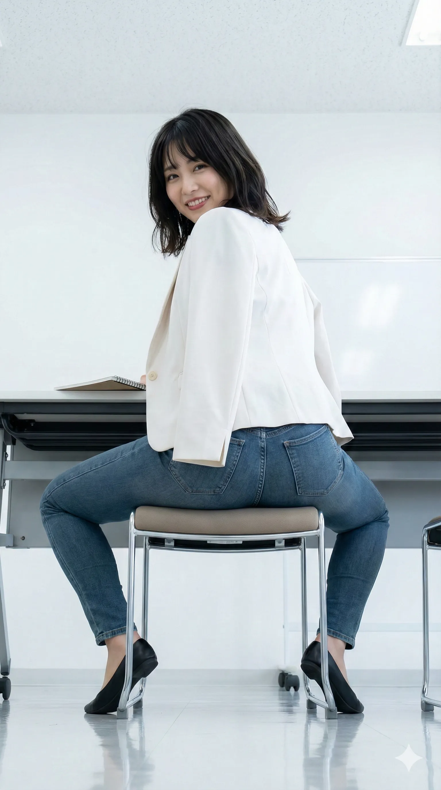 会場後方から見える複数のデニムヒップが並ぶフェチ構図