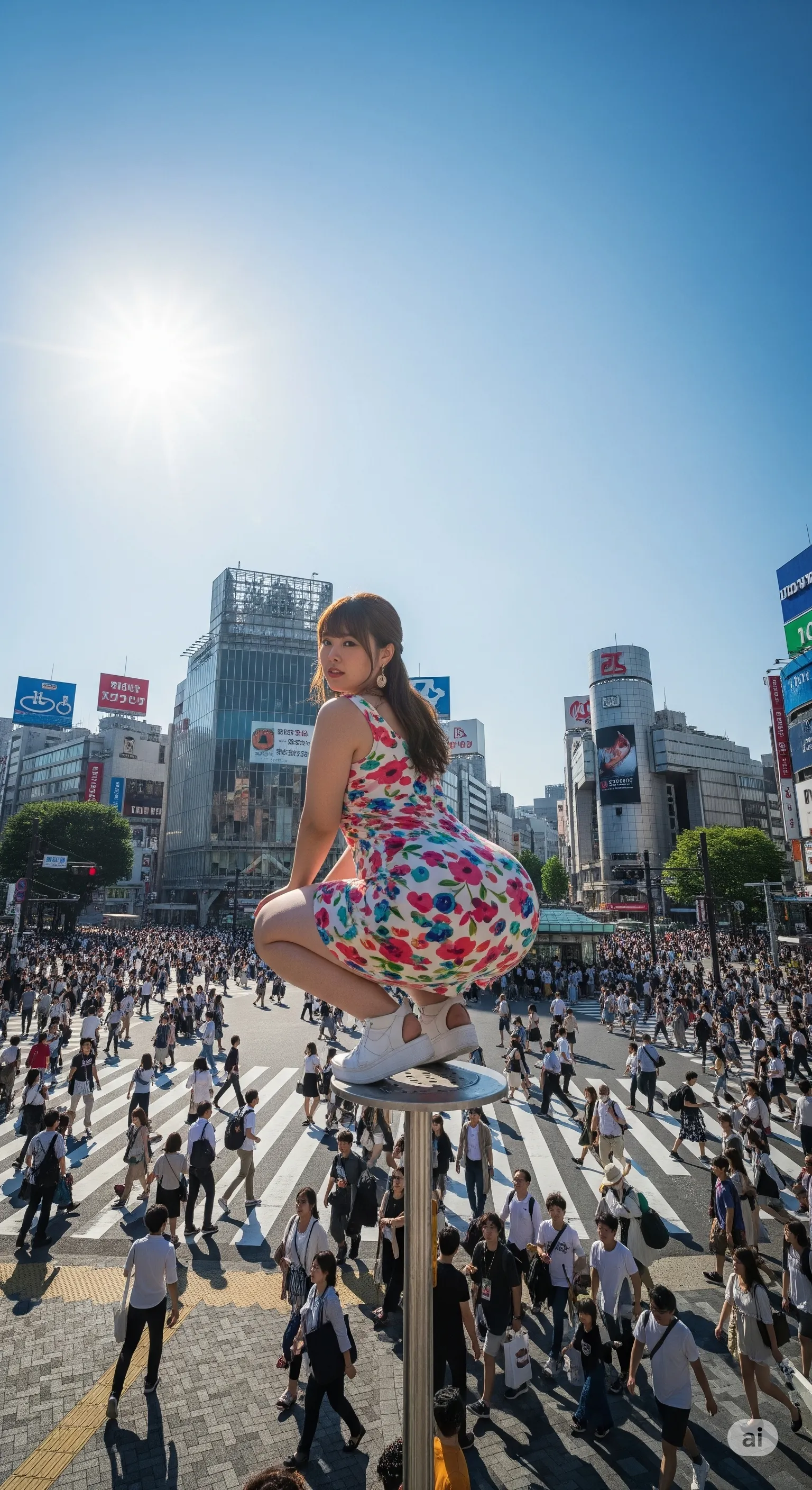 渋谷の空の下、解放感に満ちた美女のS字シルエット
