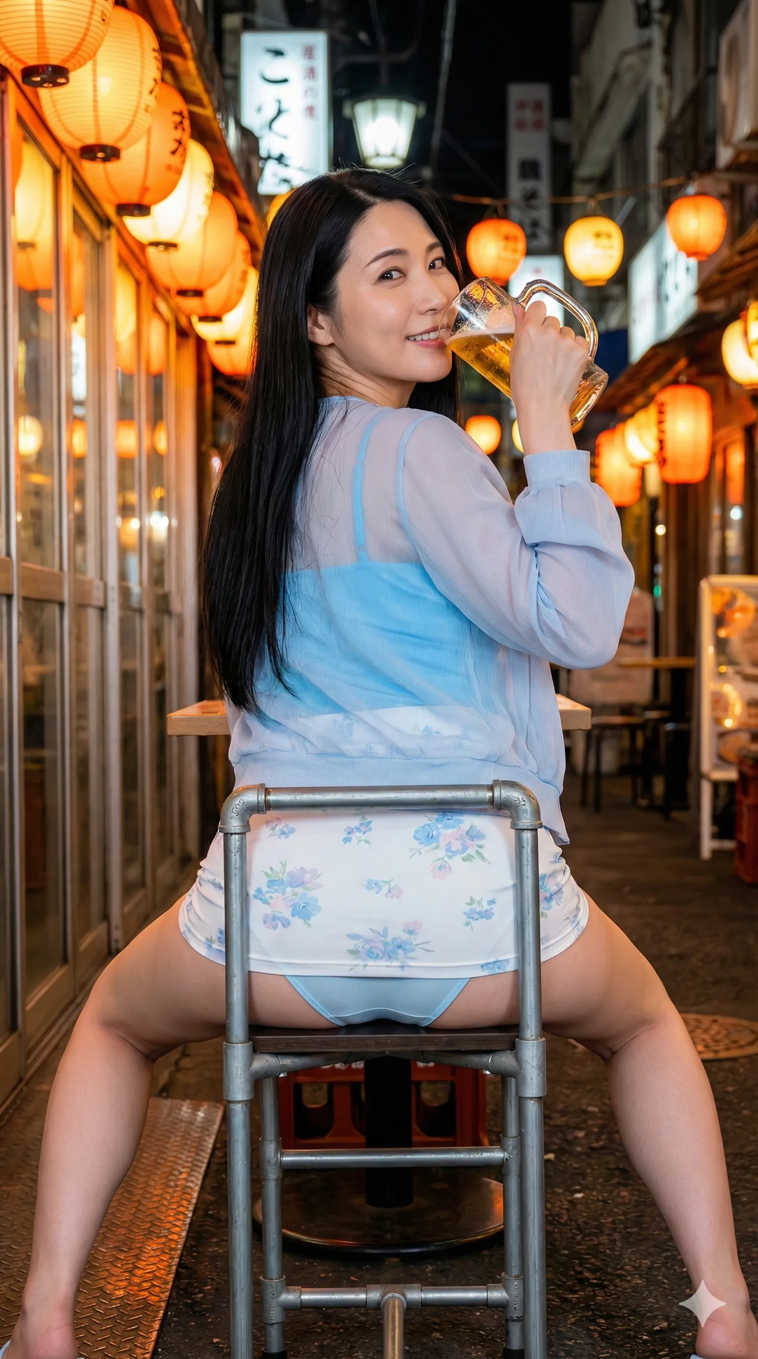 透け感のあるワンピースからパンティーのラインが覗く、商店街の見返り美人