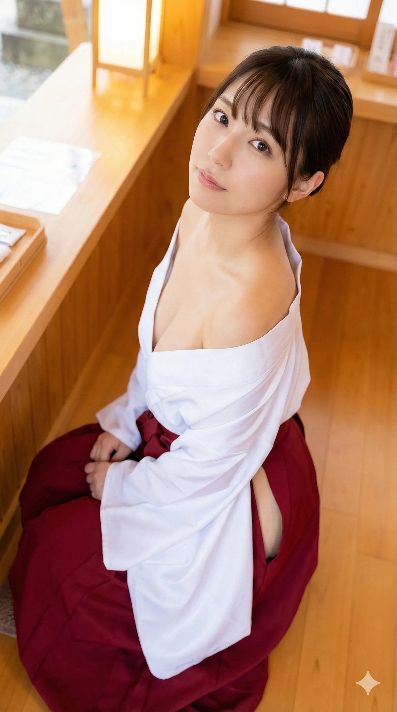 巫女さん 階段を上る 袴の乱れ 017