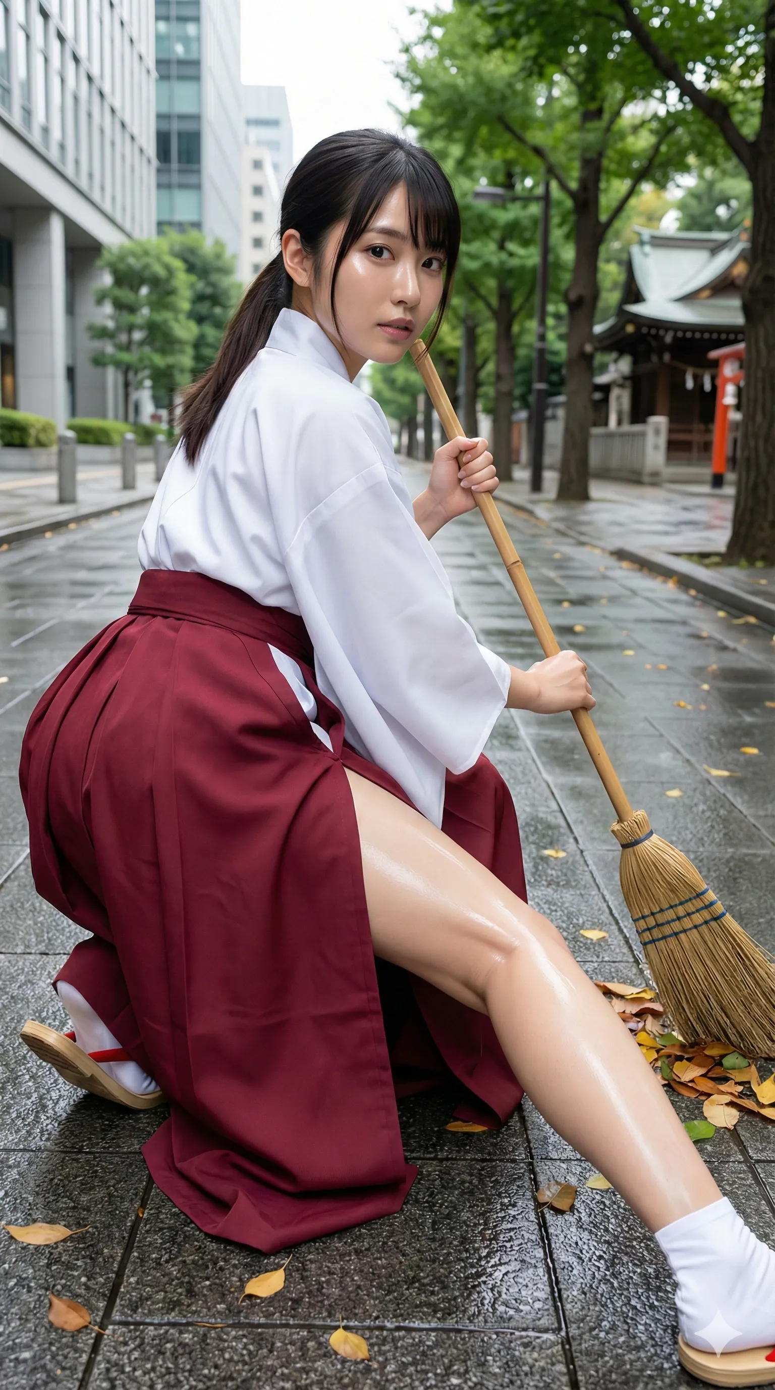 巫女 袴の裾から覗く白い肌 020