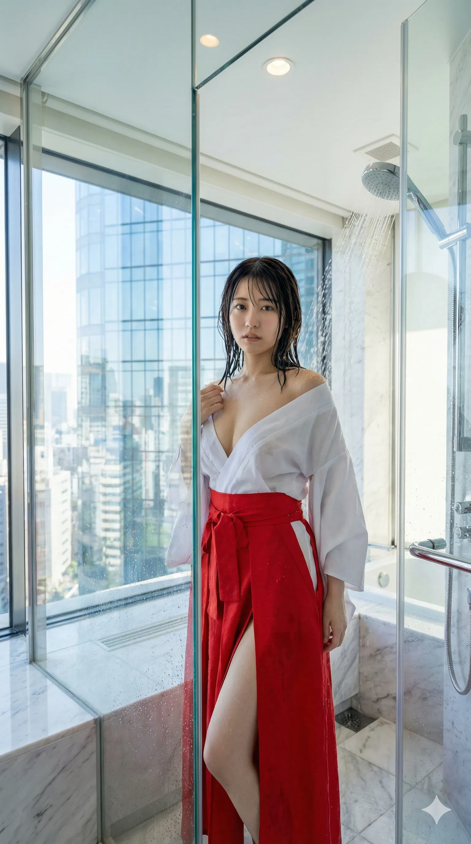 巫女さん 境内の掃除で見せる無防備な胸元 025