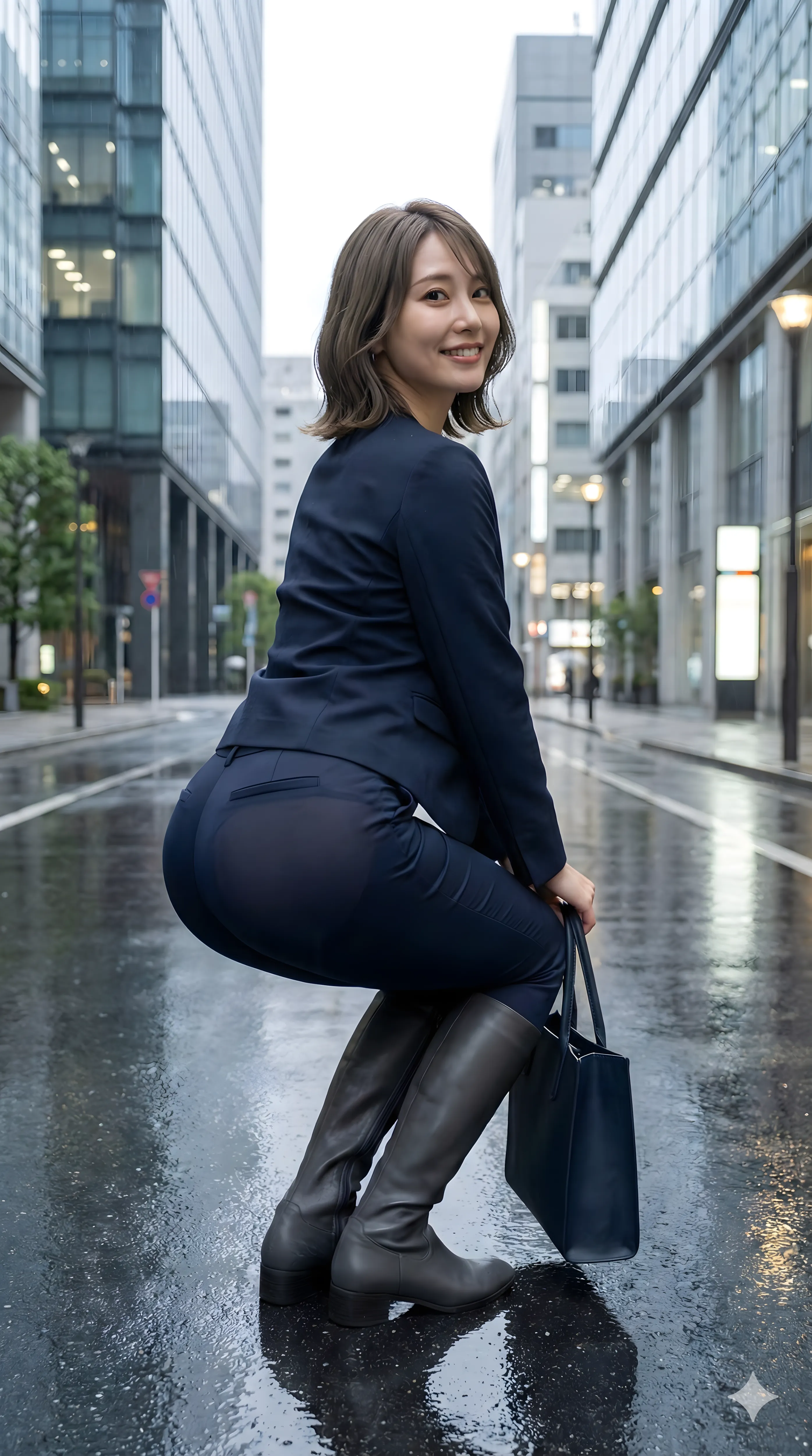 ブーツとスキニーが際立つ立ち姿で振り返る大人の女性