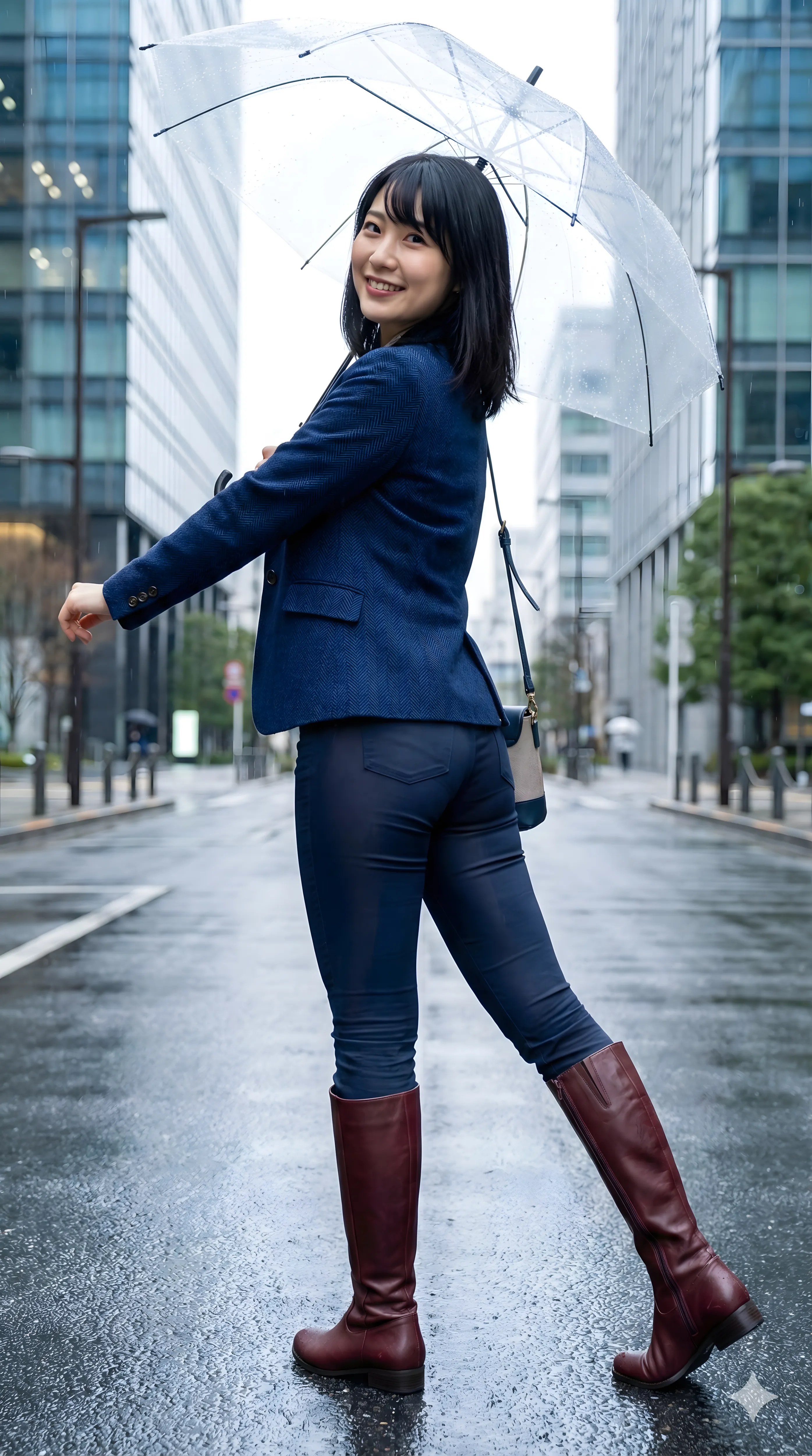 ヒップを突き出すポーズで魅せる若熟女のスーツスタイル