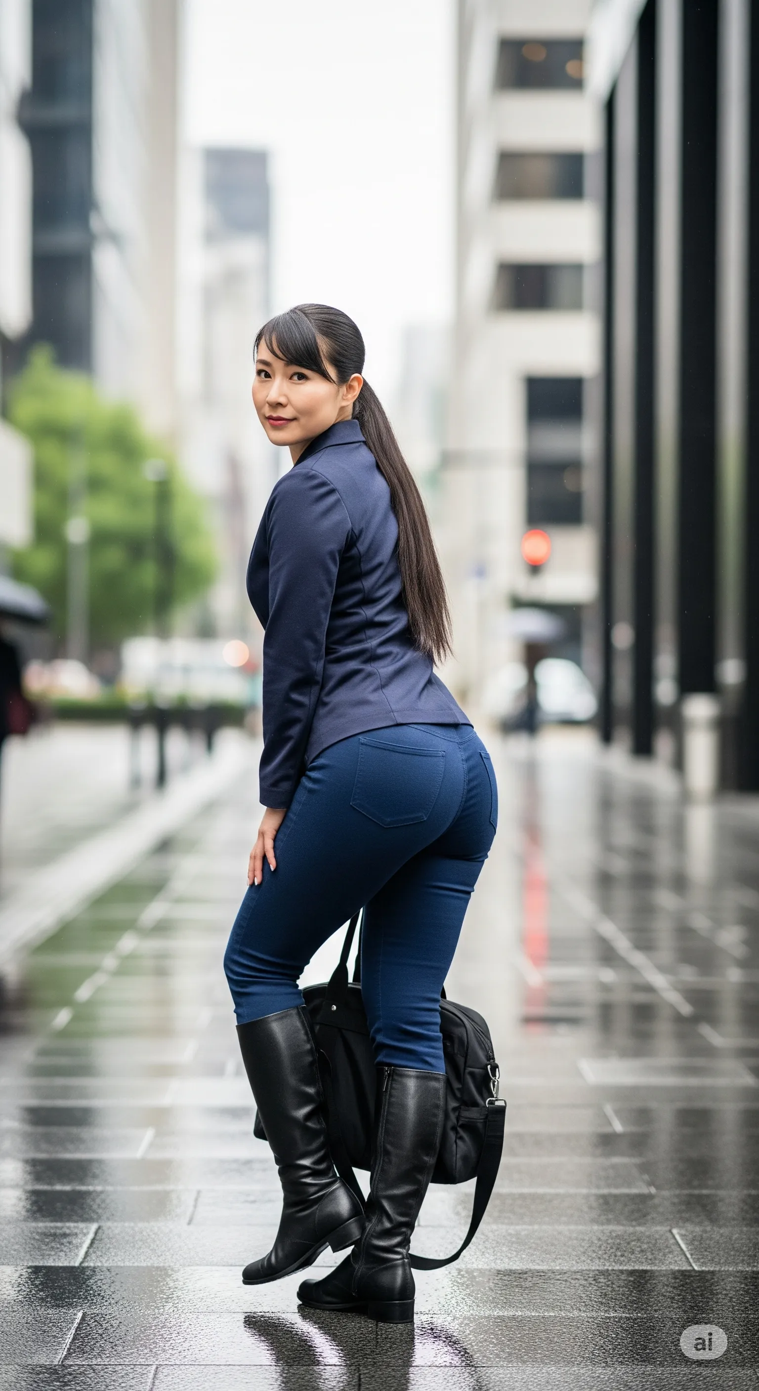 ヒップの存在感が際立つ振り返りポーズ