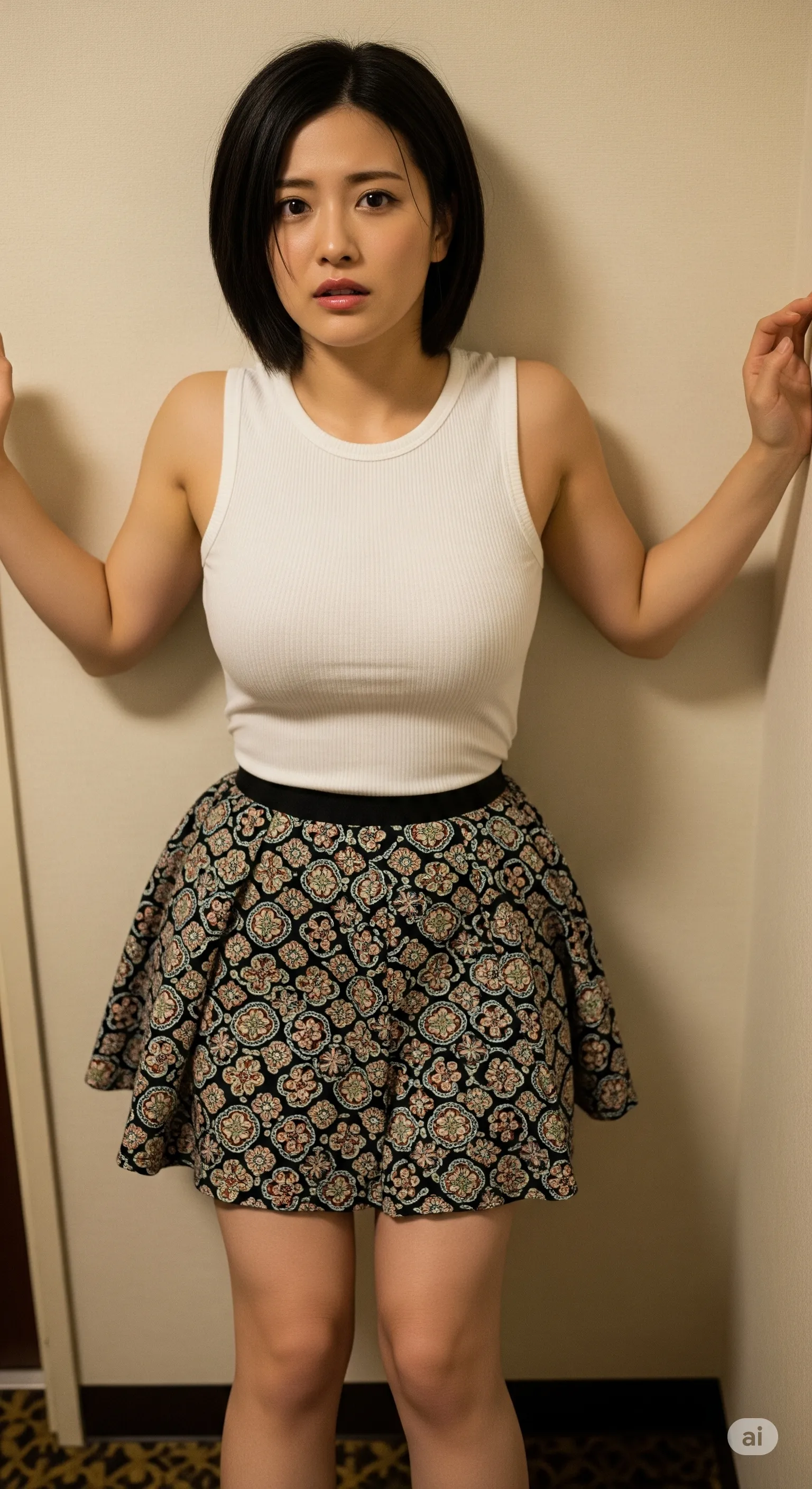 突き出されたヒップラインと壁との距離感が絶妙な横顔ショット