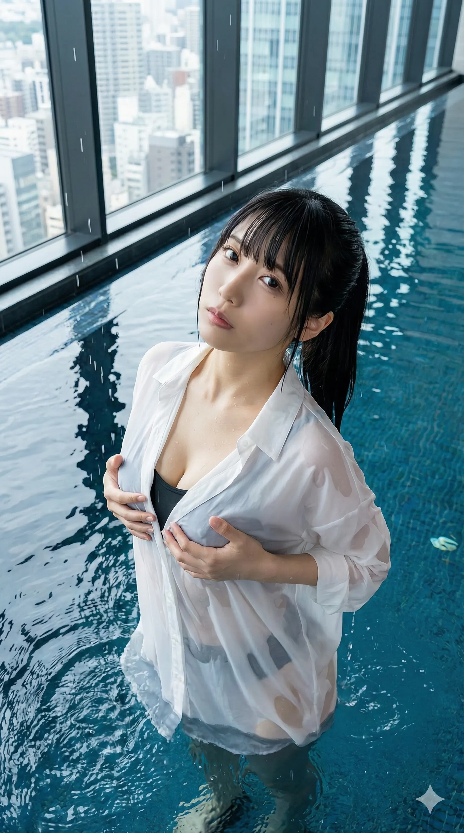 ポニーテール美女が湯上がりに魅せる、衣服からはみ出すおっぱいフェチ写真