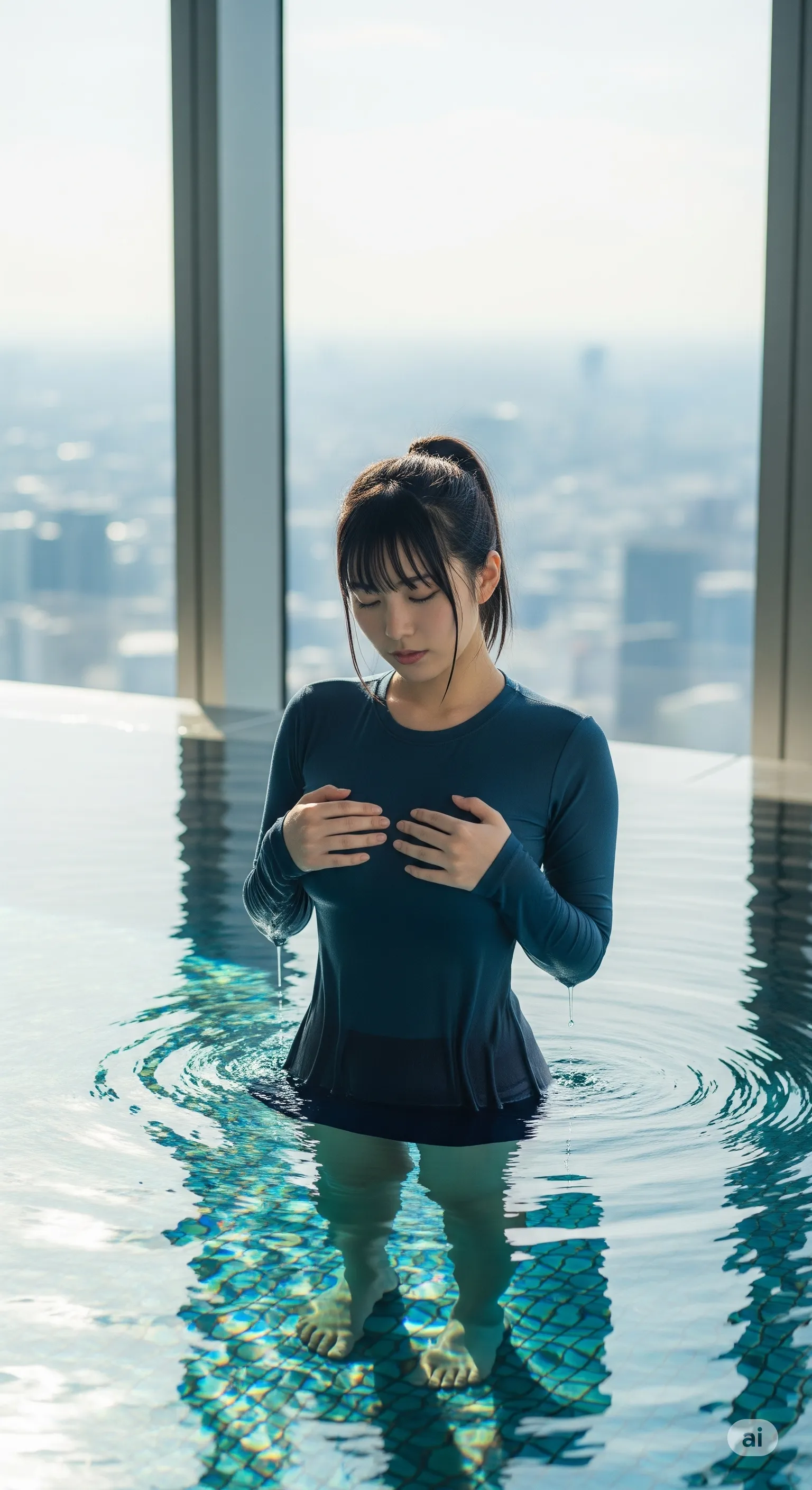 スパのベンチでリラックスする、おっぱい丸見え状態の背徳ショット